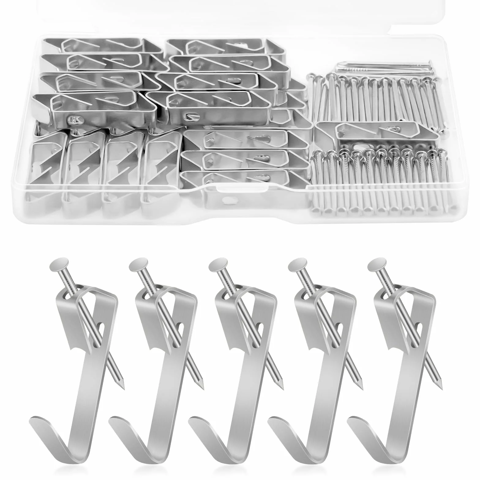Kit per appendere quadri, 100 pcs Ganci per quadri resistenti, Gancis per cornici con chiodi, Kit di Gancis Cornice per Pareti Dure reggono 30 libbre (30LB), per pareti dure,ufficio,casa,argento