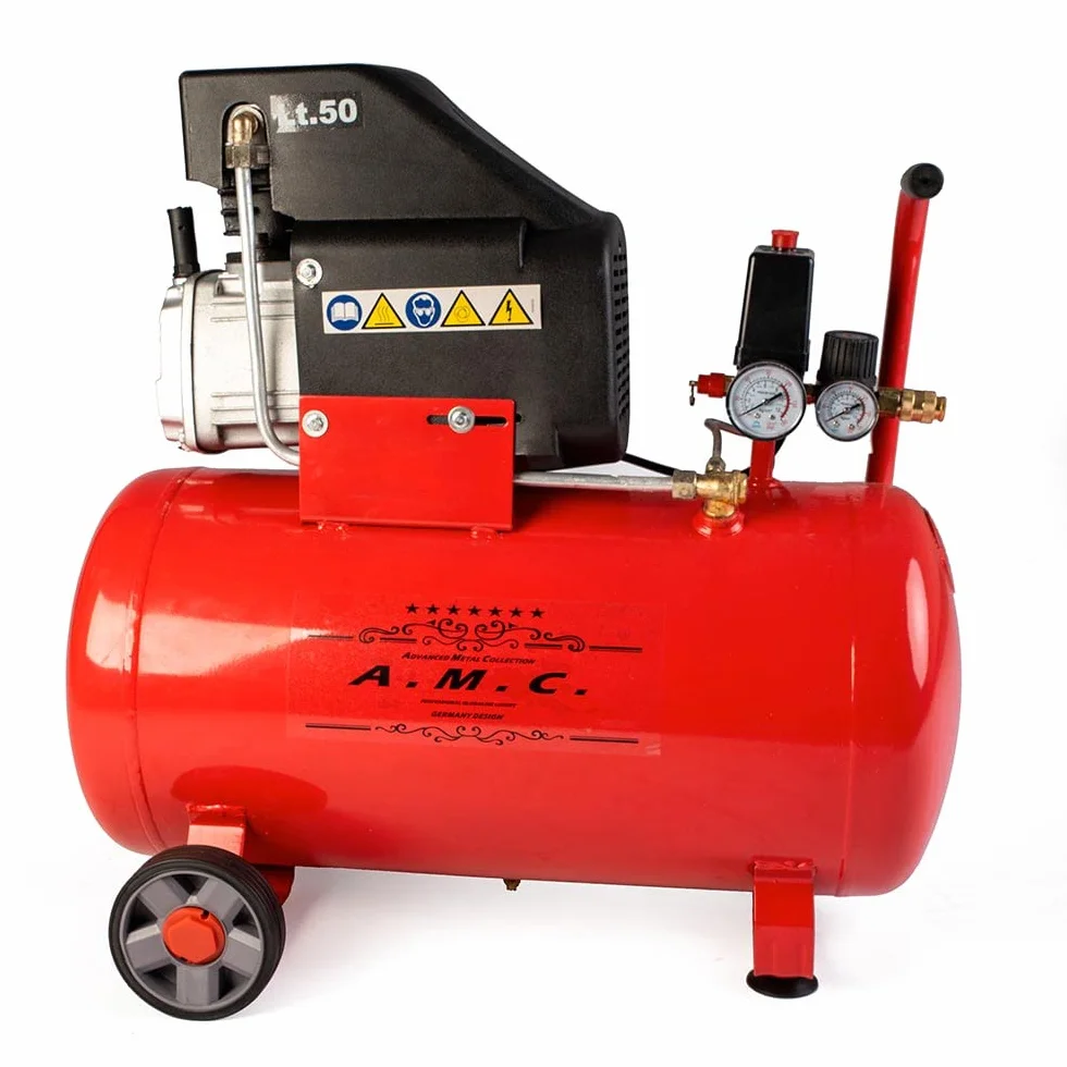 AMC Compressore ad aria da 50 litri pressione 8 bar elettrico coassiale 2 Hp incluso Kit Accessori salva spazio motore potente termicamente silenziato protetto con Carcassa esterna in alluminio