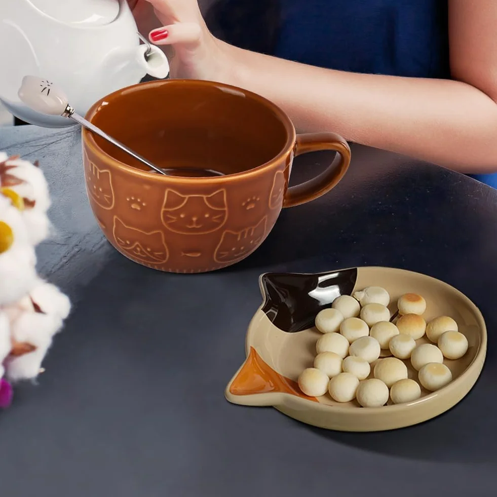 HOTUT Tazza Gatto Caffe Set Ceramica Kawaii, Set di Tazze da Caffè con Coperchi