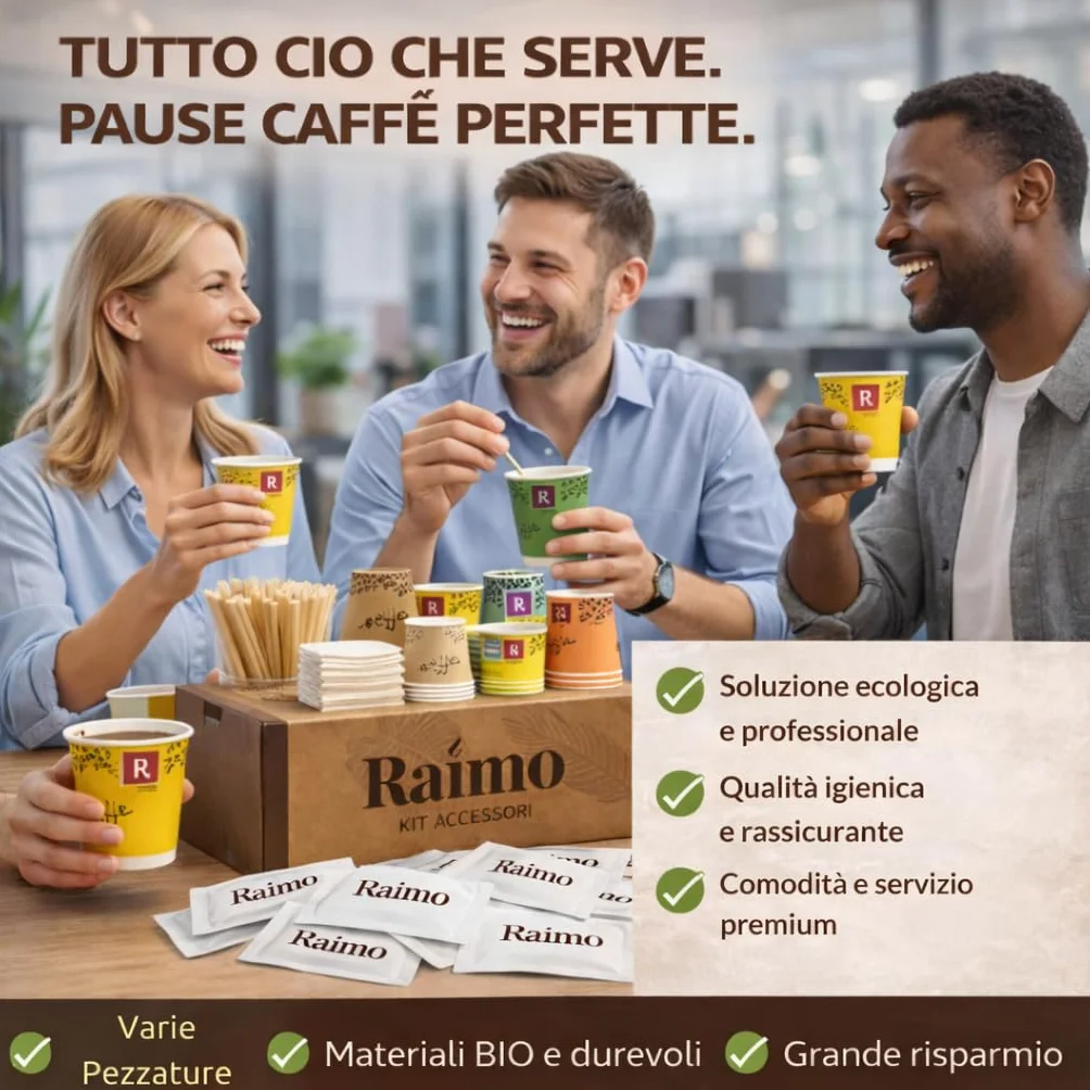 Kit 1800 Accessori Caffè Completo - 600 Bicchierini Carta Biodegradabili 75 ml + 600 Palettine Legno + 600 Bustine Zucchero, Set Pausa Caffè