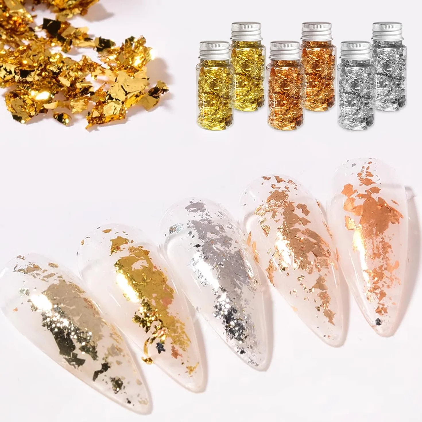 6 bottiglie di fogli di pellicola con 2 clip, fogli di carta argentata dorata, fogli fai da te, fogli di lamina metallica, fogli decorativi per resina artistica, pittura, statua dorata, nail