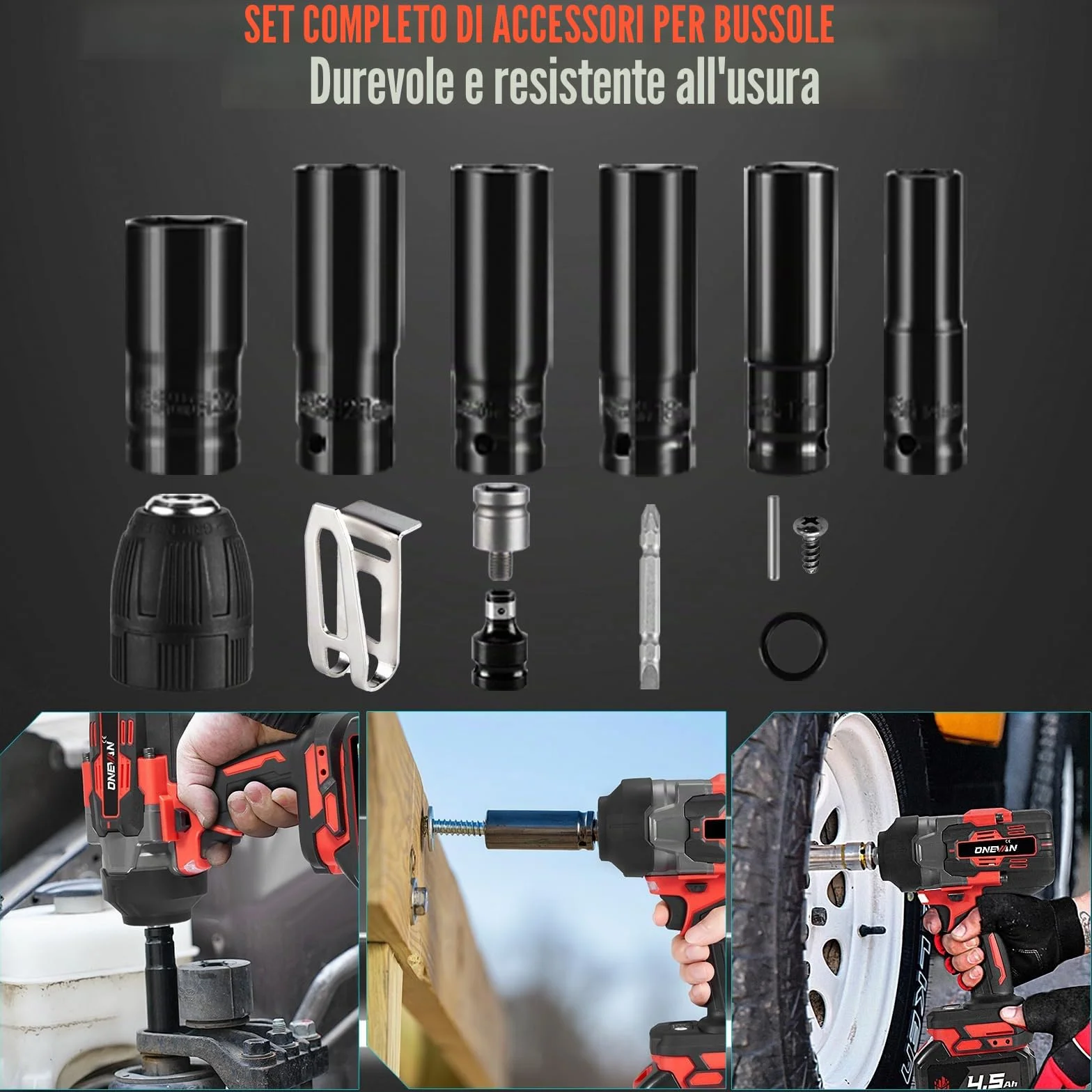 ONEVAN avvitatore a impulsi a batteria 1700Nm Brushless 1/2" senza fili 2 batterie 4,0 Ah