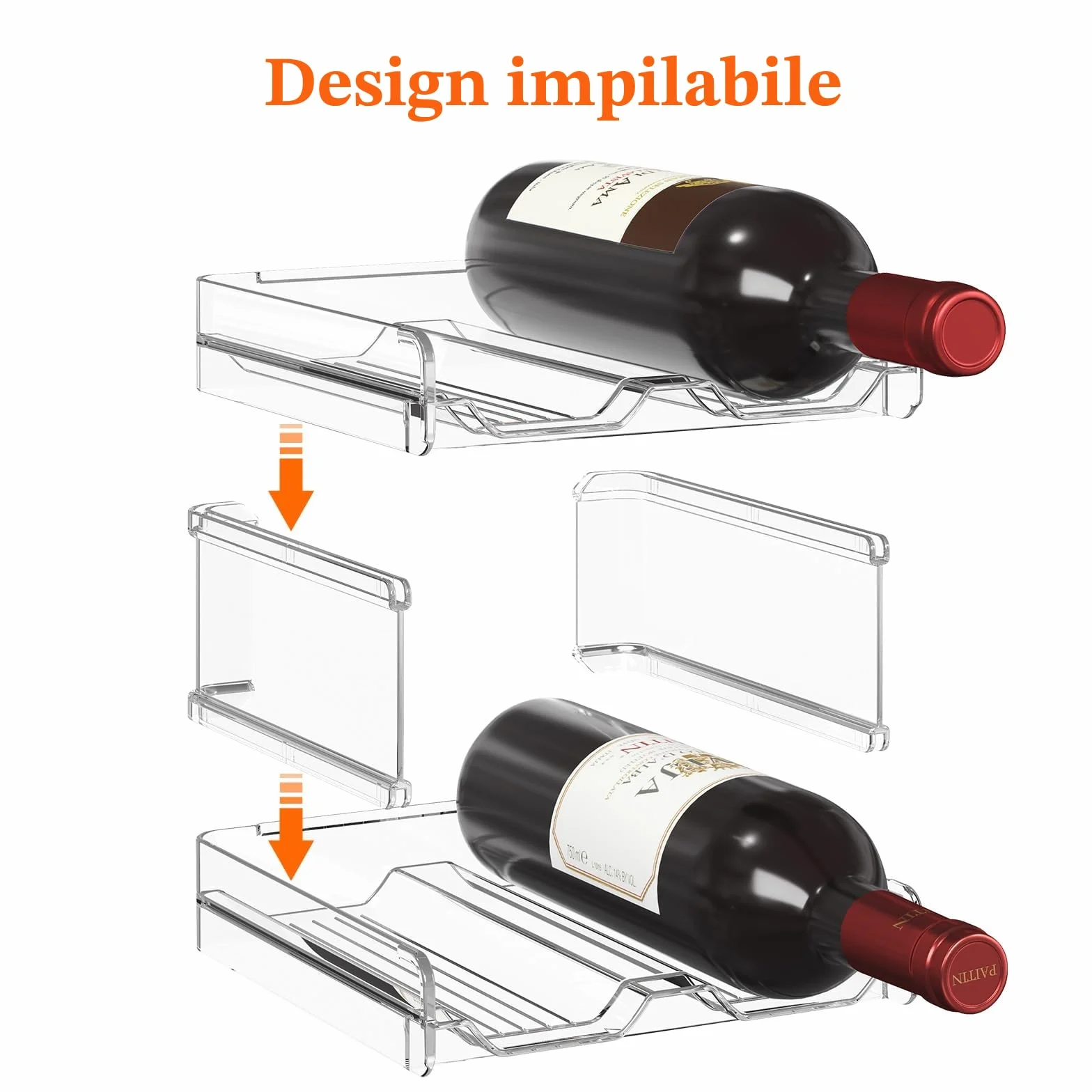 Lifewit Portabottiglie Impilabile in Plastica per Frigorifero, Organizer per 4 Bottiglie, Trasparente