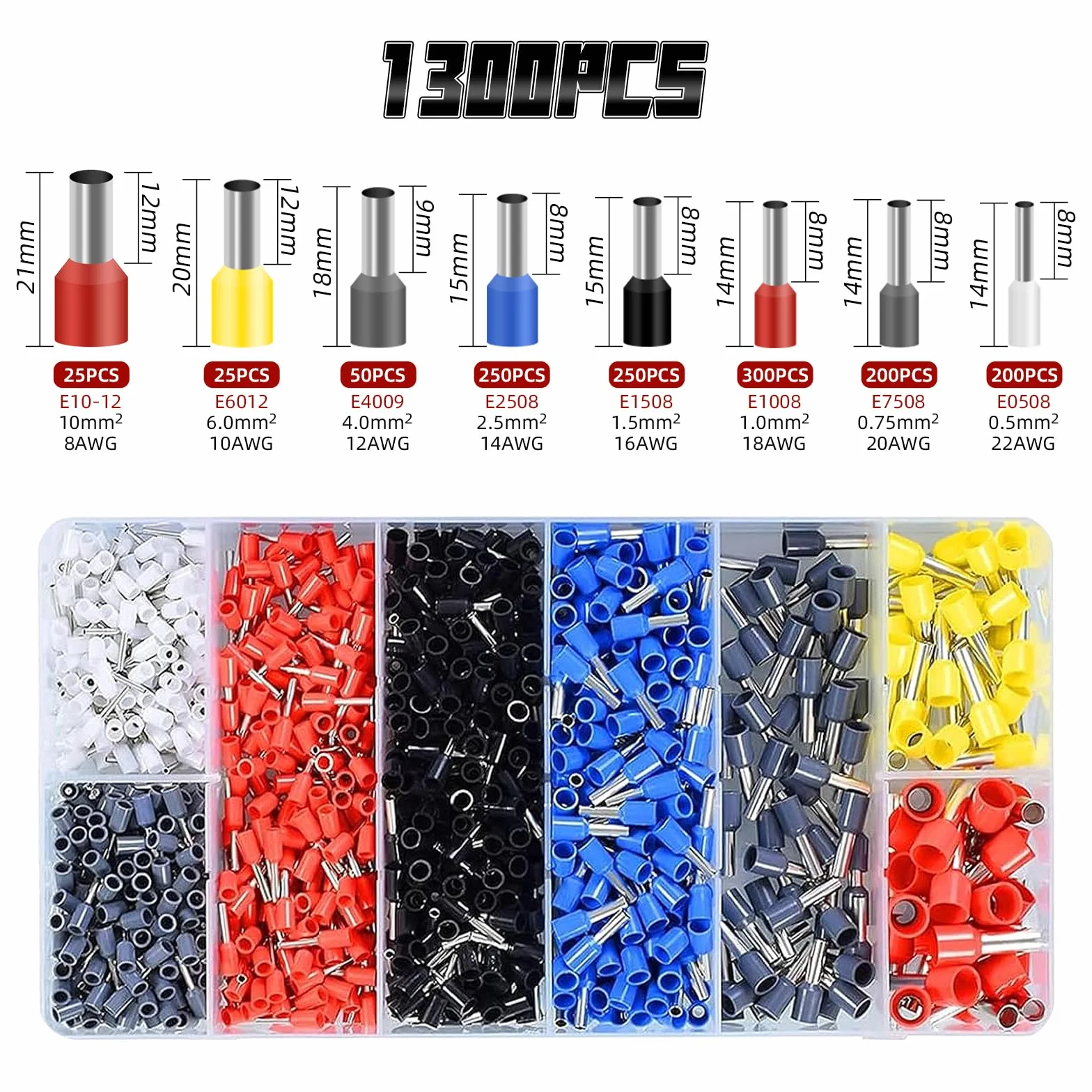 Set di Pinza Crimpatrice Capicorda, con 1300 Capicorda Elettrici a Crimpare - Pinza Capicorda e Puntalini Elettrici a Crimpare Gamma 0,25-10mm² per Auto e Installazioni