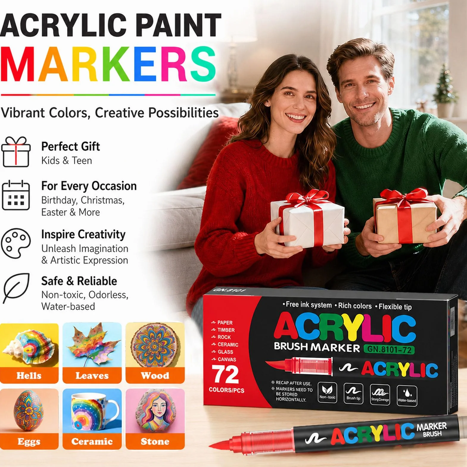 Melifluo Pennarelli Acrilici a Punta a Pennello, Set 72 Marker Acrilici Impermeabili a Base d'Acqua per Sassi Vetro Ceramica Legno e Tessuto, Colori Acrilici Asciugatura Rapida per Adulti e Fai-da-Te