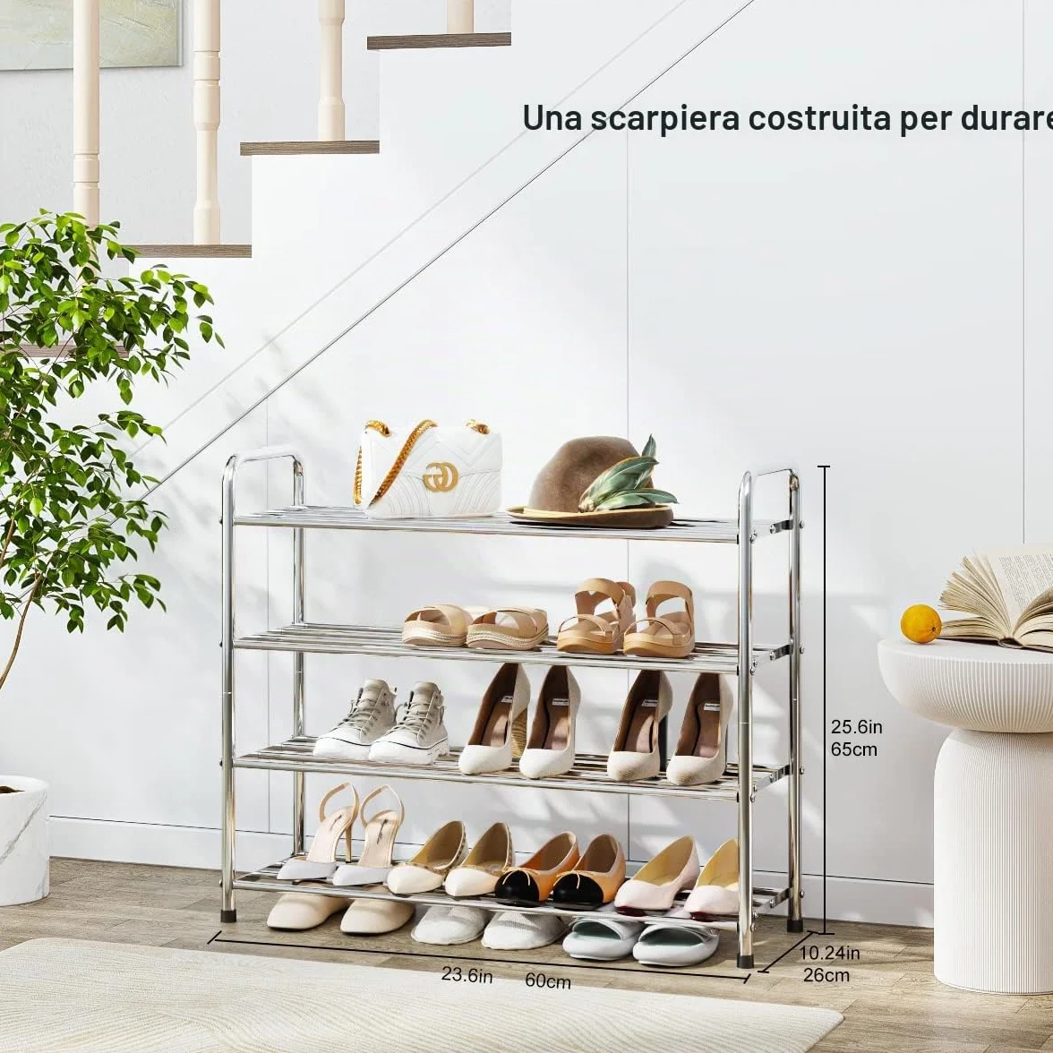 FANHAO Scarpiera Potenziata in Acciaio Inossidabile a 4 Livelli, Organizer Scarpe Ripiano per Scarpe, per un Massimo di 12-16 Paia di Scarpe, per Soggiorno, Guardaroba e Corridoio, 68 x 26 x 65 cm