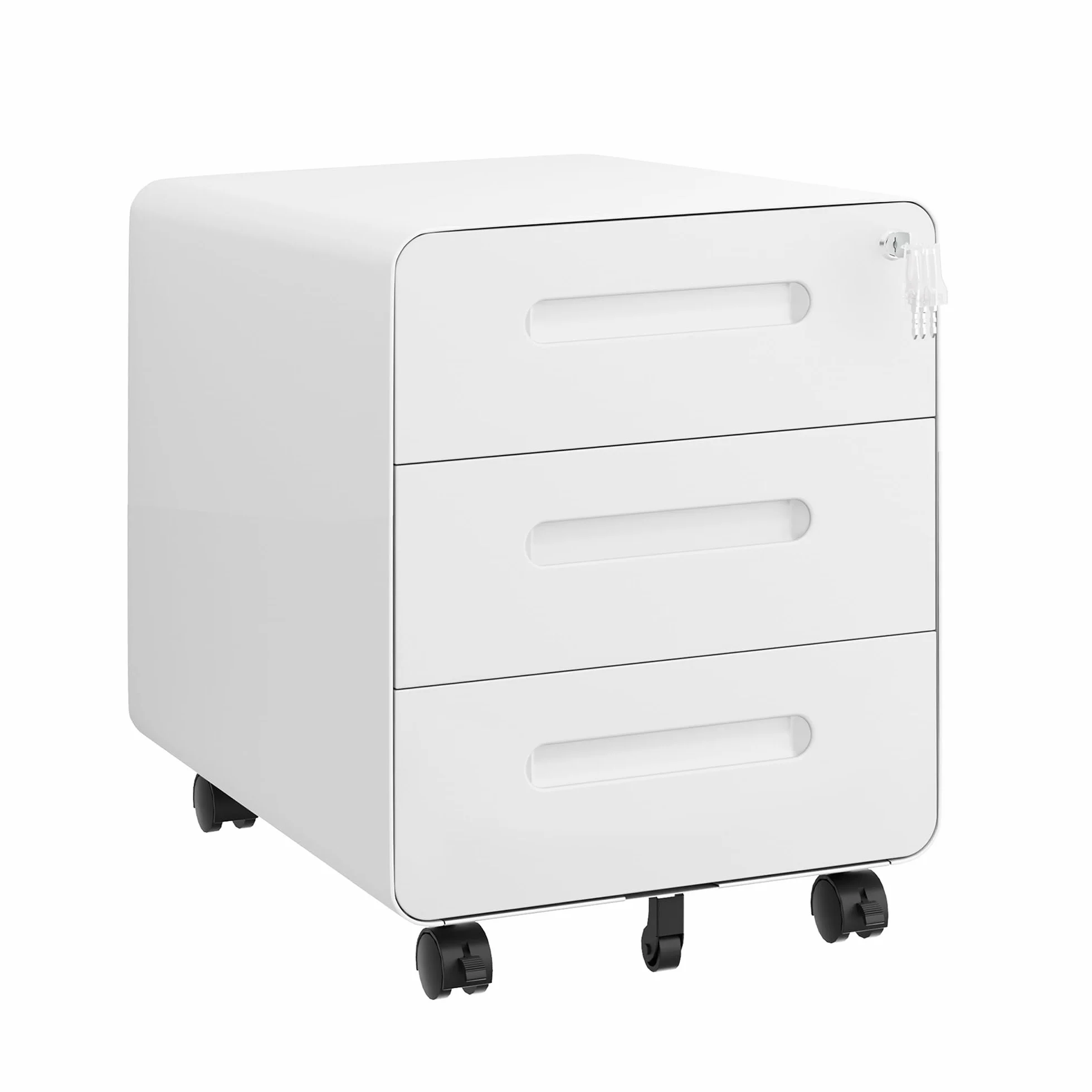 Cassettiera Scrivania Mobile, Cassettiera con Serratura, 4 Chiavi, 3 Cassetti, in Acciaio, Angoli Arrotondati, Preassemblato, 46P x 40l x 50H cm, Bianco