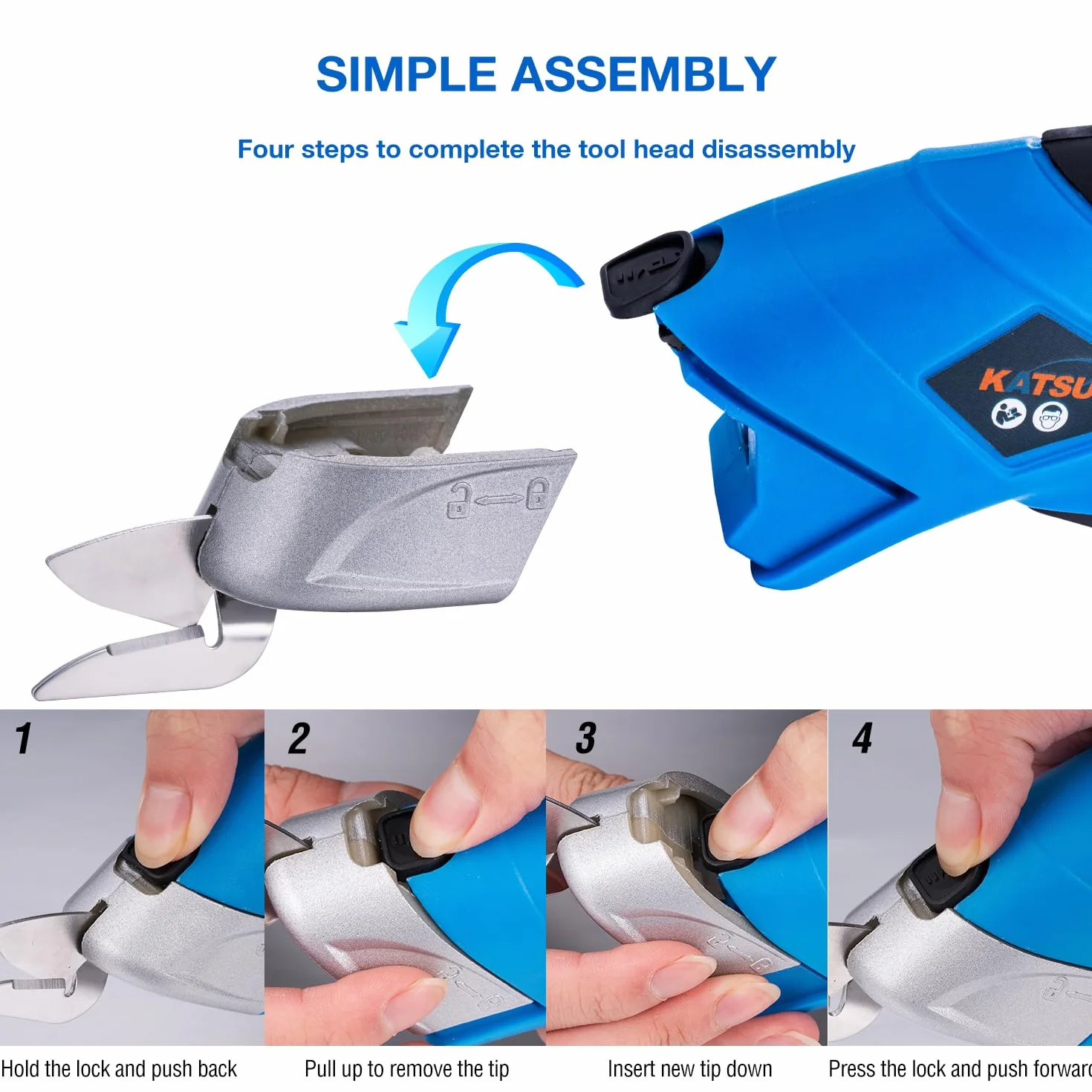 KATSU Tools Forbici Elettriche Cutter per Tessuti 3,6V Ricaricabile con 2 Teste da Taglio in Lega di Acciaio Forbici a Batteria per Tessuto Carta Cartone Pelle Panno