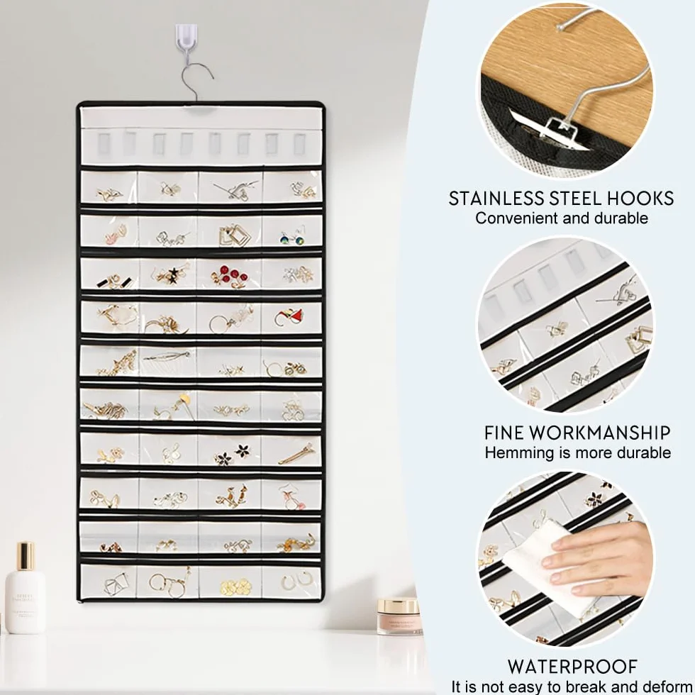Hanging Jewelry Organizer 48 Scomparti Porta Gioielli da Appendere Armadio 43x78 cm Bianco