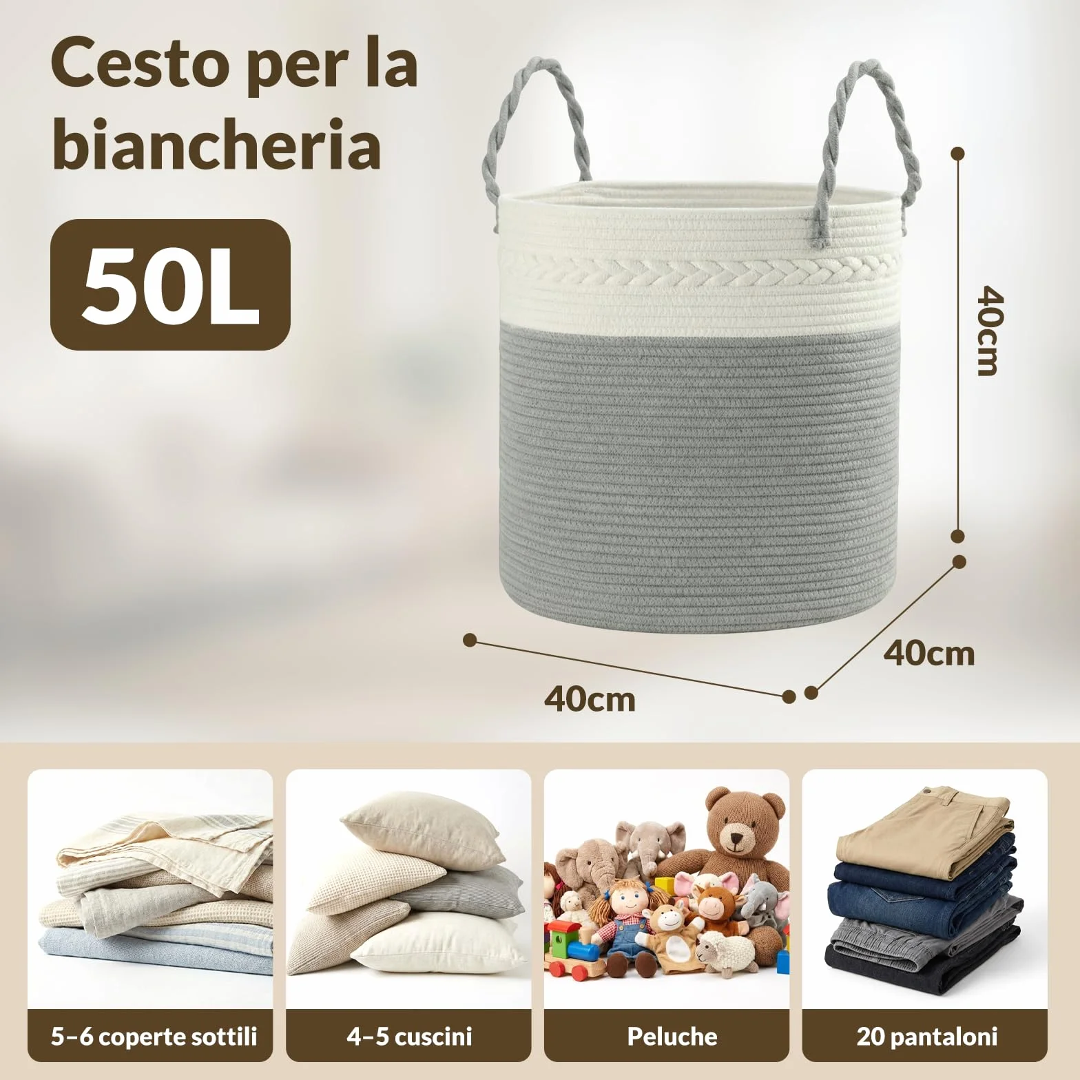 COSYLAND Cesto portabiancheria in cotone naturale - Pieghevole con manici portabiancheria sporca, Cesta portabiancheria per bagno, camera da letto e cameretta - 40x40x40cm (Grigio-bianco)