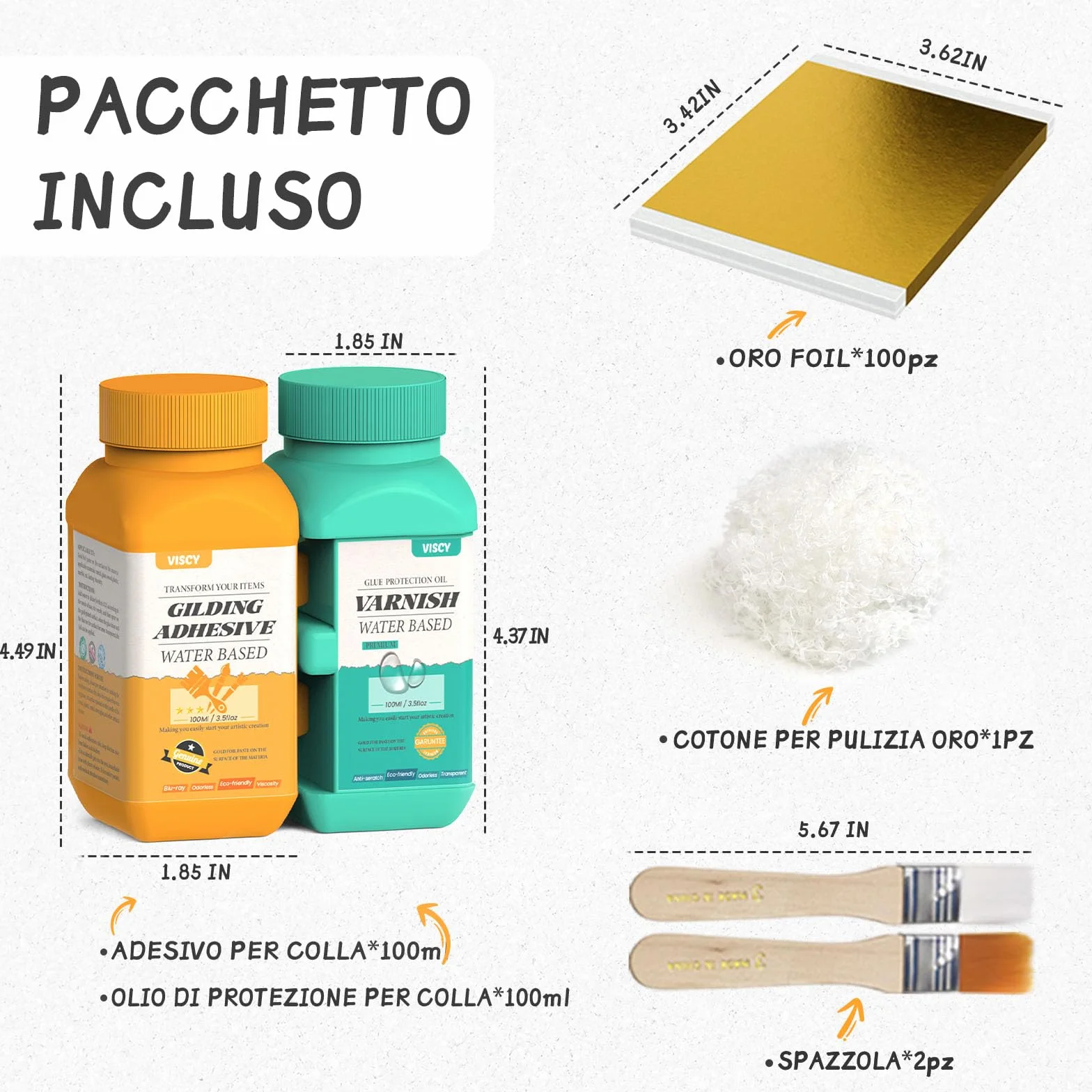 Adesivo per Foglia d'Oro, 100 ml di Colla, 100 ml di Vernice, 100 Pezzi di Foglia d'Oro, 2 Pennelli, Cotone per Pulire, per Arte, Artigianato e Pittura
