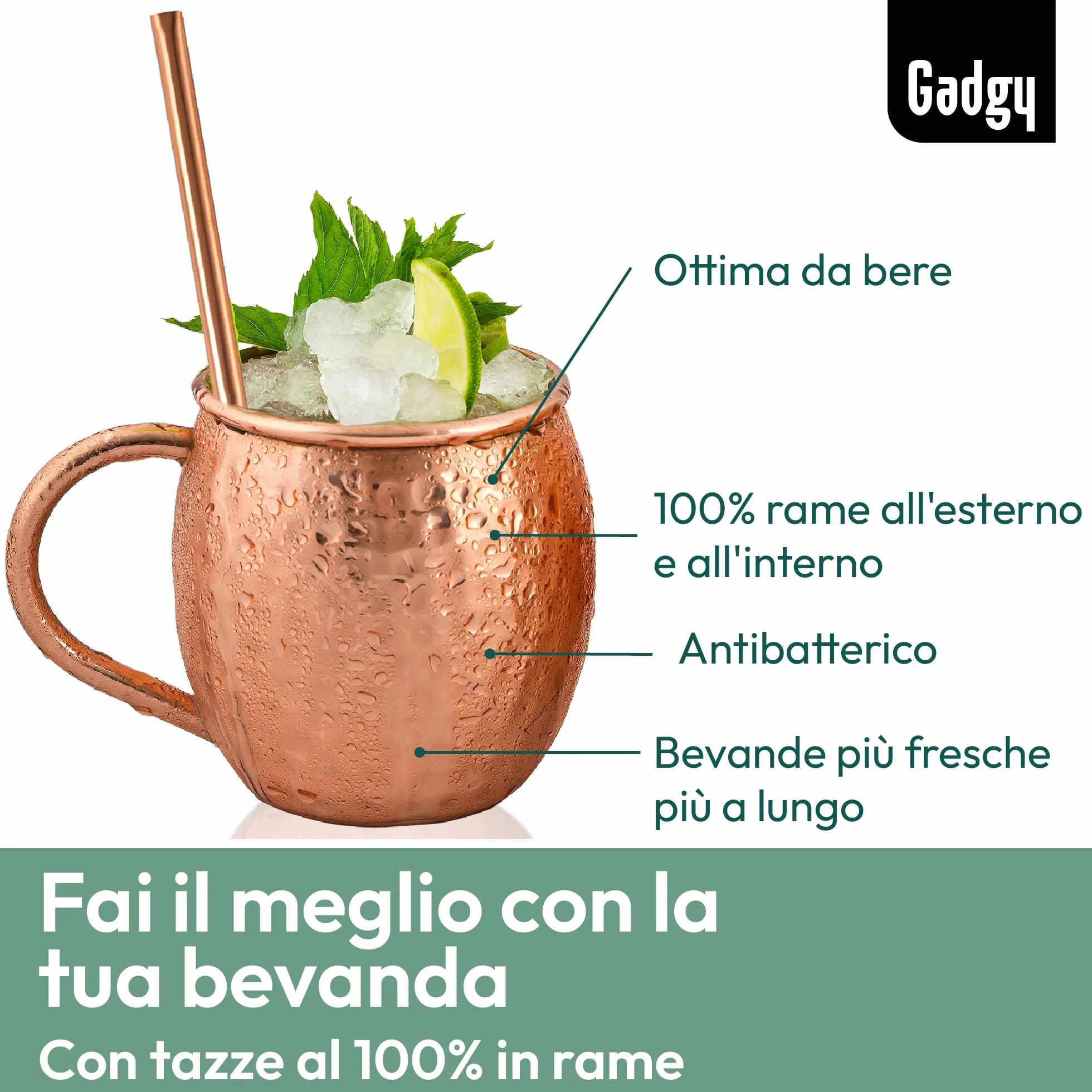 Set Moscow Mule in Rame – 2 Tazze Cocktail Fatte a Mano con Cannucce & Misurino – Bicchieri per Cocktail e Bevande Ghiacciate