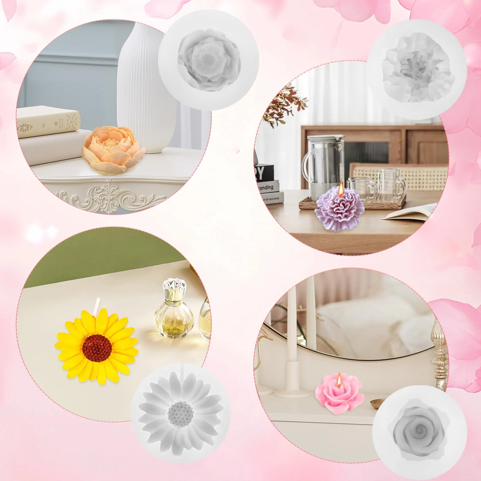 4 Pezzi Stampi in Silicone per Candele a Forma di Fiore, Stampi in Silicone per Candele, Stampo per Candele per la Creazione di Candele Fai da Te, Saponi, Decorazioni per la Casa, Artigianato in Gesso