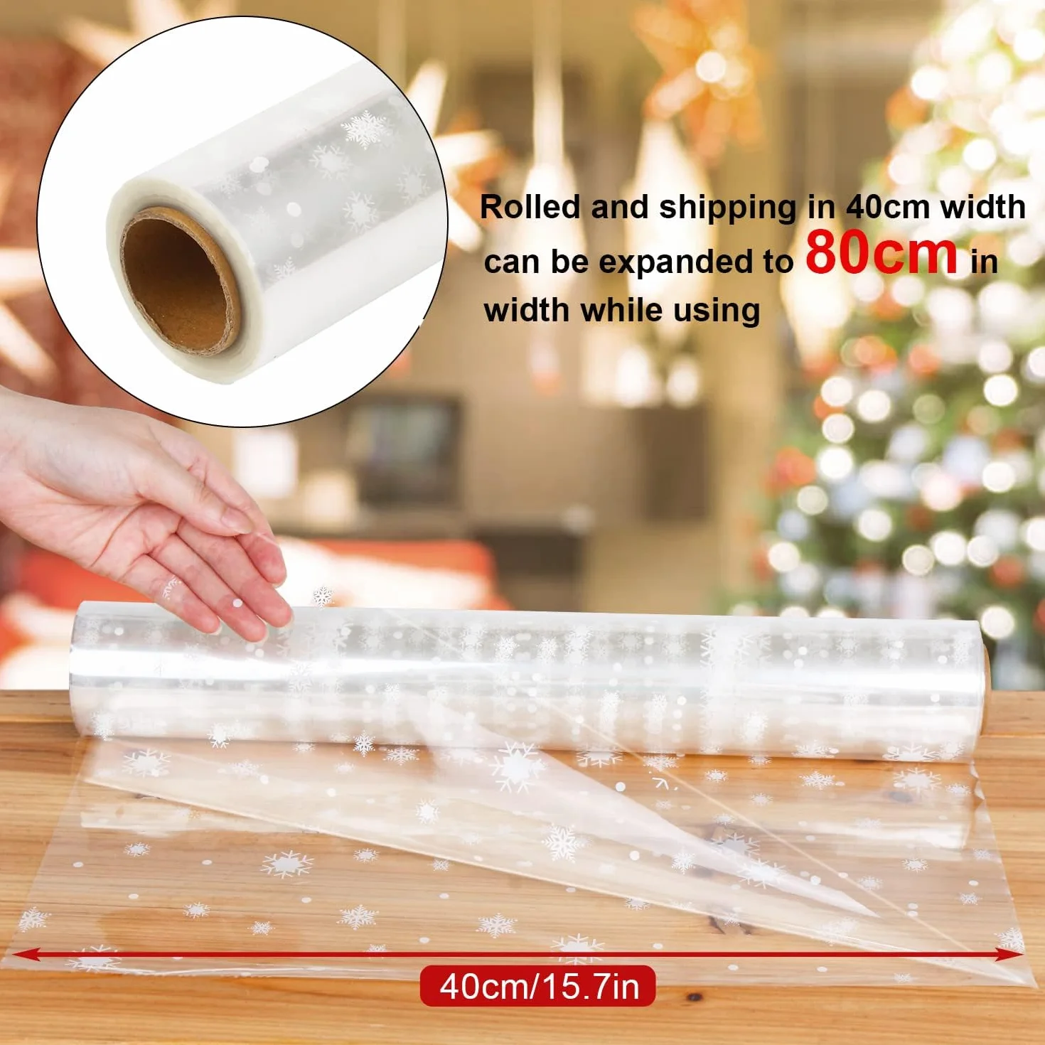 SULOLI Carta Trasparente per Confezioni,80 cm x 30 m Cellophane Trasparenti,Rotolo Carta Regalo Fiocchi di Neve per Cesti,Imballaggio di Natale