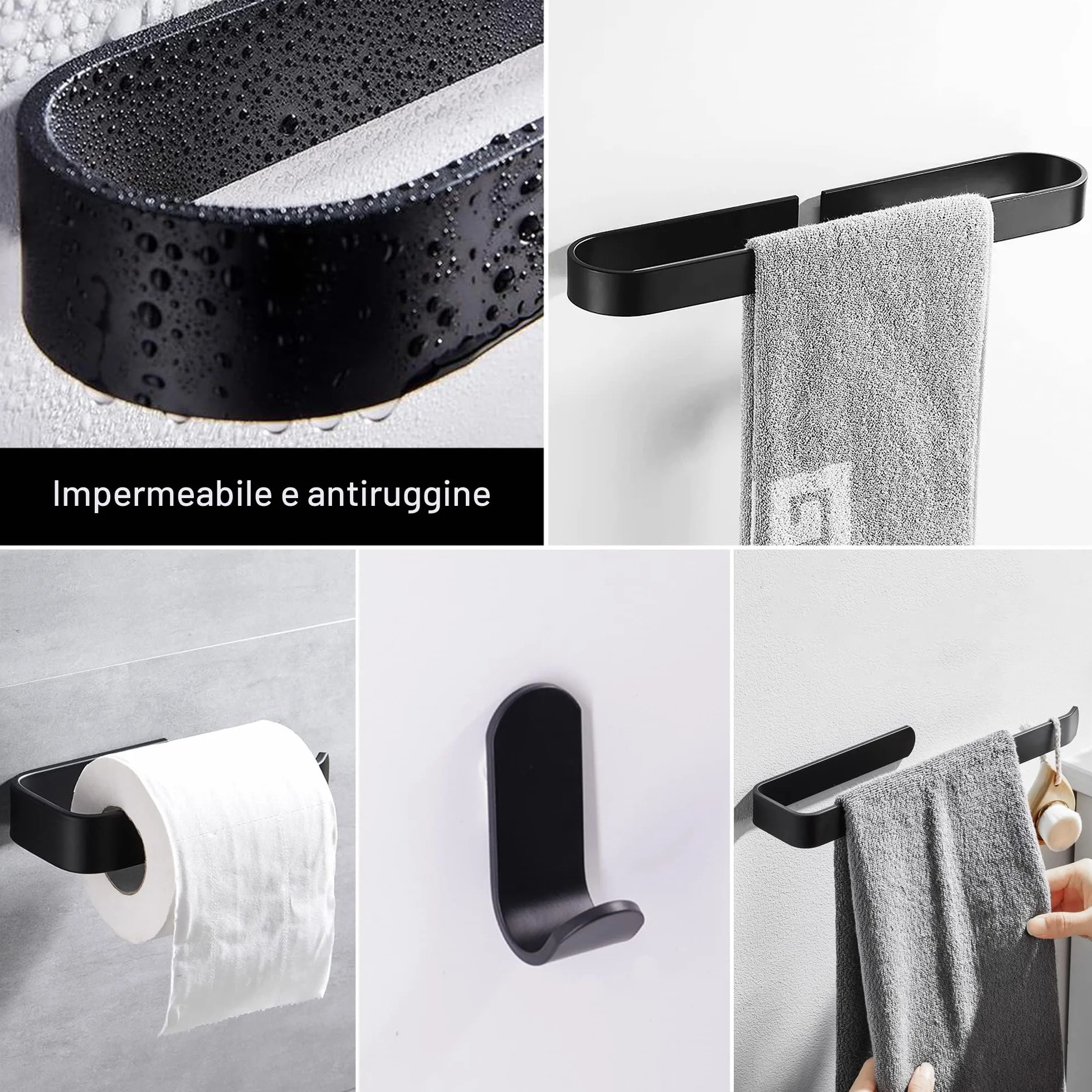 Set di accessori da bagno nero opaco 7 pezzi hardware adesivo portasciugamani carta igienica ganci per accappatoio