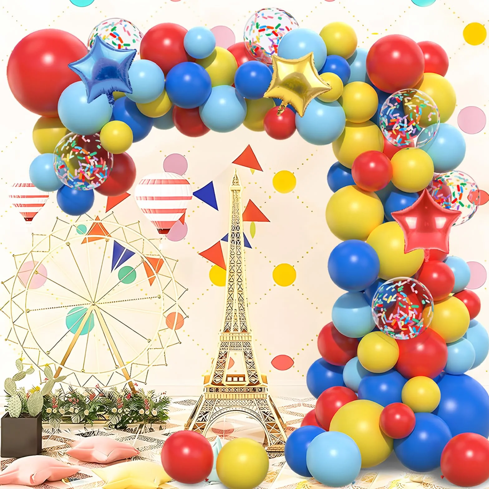 Kit Arco Palloncini Rosso Blu Giallo 106pcs Ghirlanda Palloncini Circo Carnevale con Foil Stella Coriandoli Multicolori