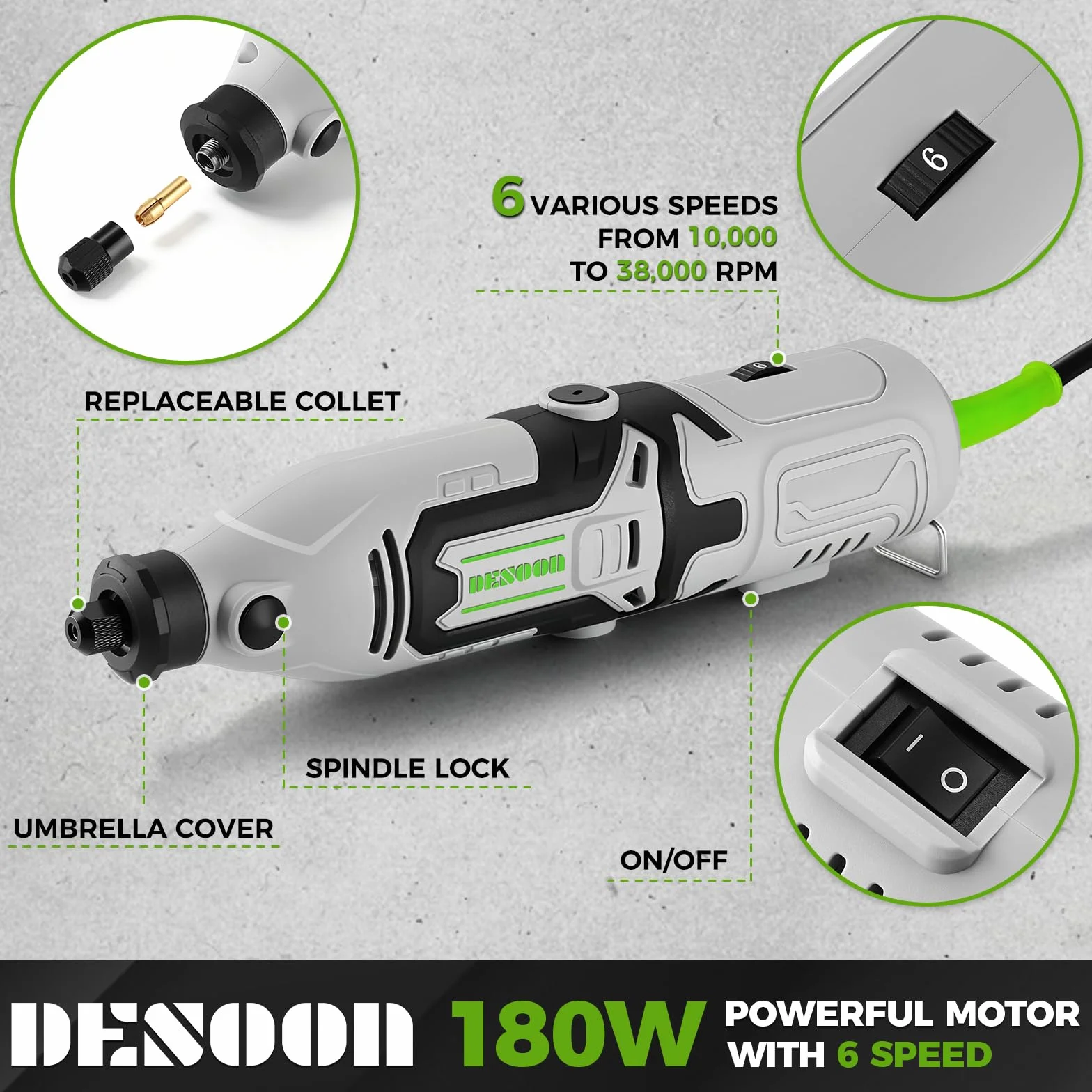 DESOON Utensile Multifunzione 170W, 145 Accessori, 6 Velocità 10000-38000 RPM, Mini Trapano Elettrico Rotante, Mandrino 3.2mm