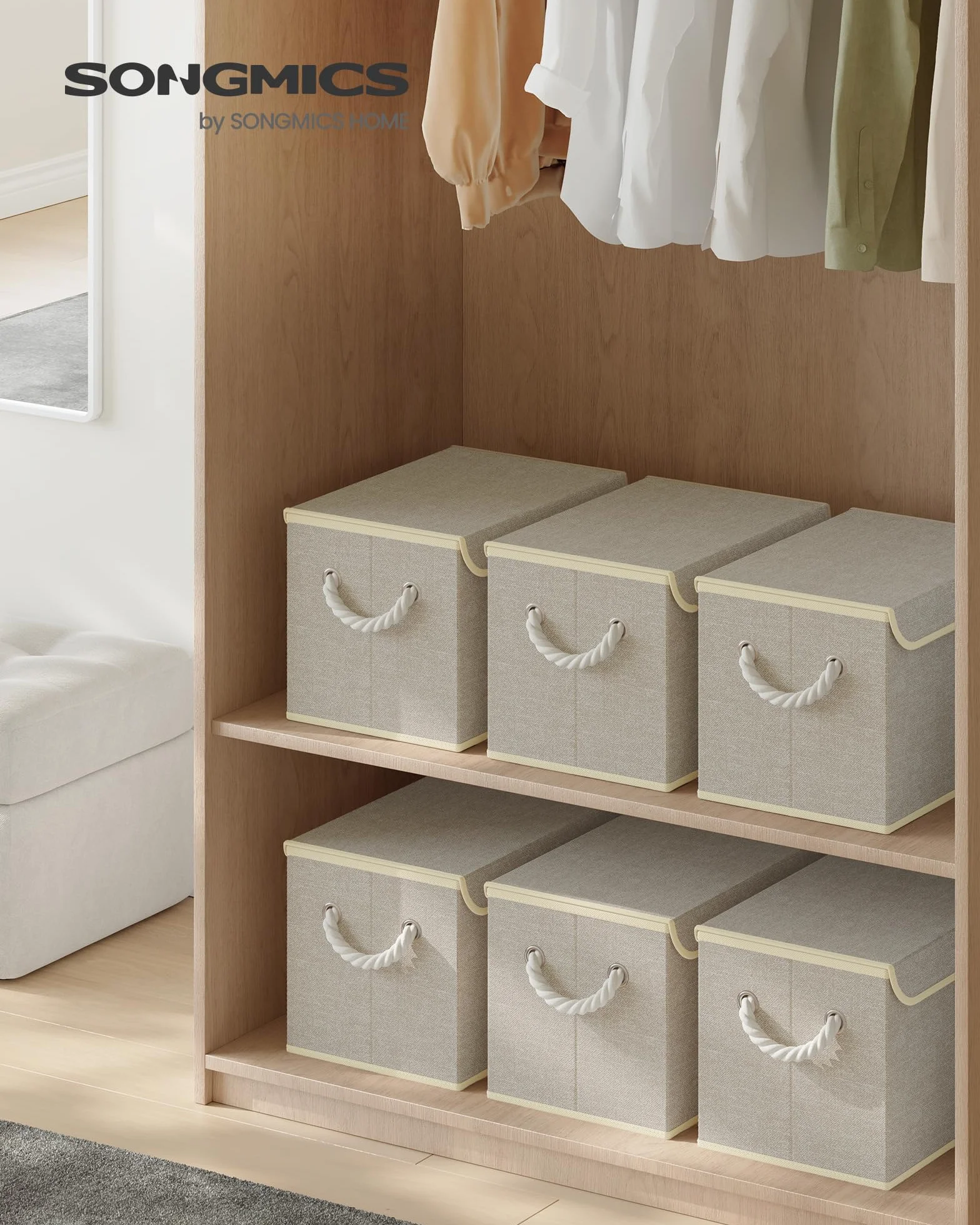 SONGMICS Scatole Portaoggetti con Coperchio, Set di 3, Contenitori Pieghevoli, 38x25x25 cm, Beige Sabbia