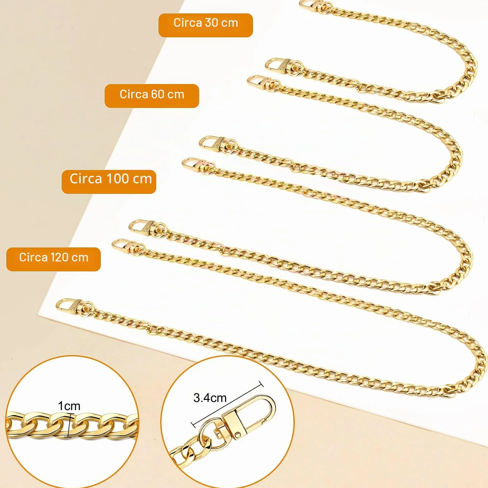 AOKITO 4 Pezzi Catena per Borsa a Tracolla Set, Catene per Borse in Oro, Catena in Metallo, 4 Misure (40cm, 60cm, 100cm, 120cm) Catena di Ricambio per Borse a Tracolla, Borse da Donna