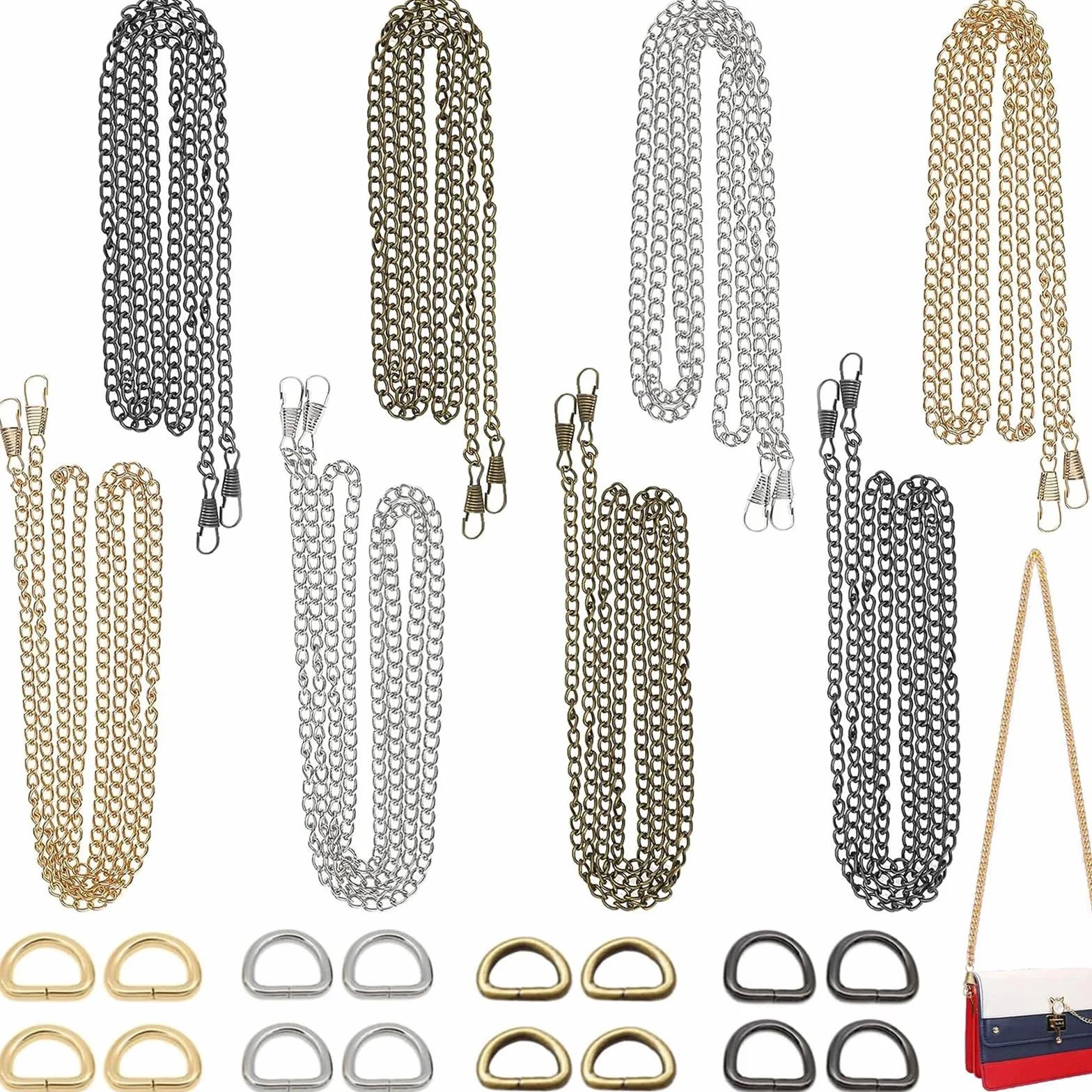 8 Pezzi Catene per Borse a Tracolla, Catena Borsa Oro 120 cm Con 16 Anelli a D per Borsa a Tracolla Portafogli Frizioni (Colore Oro/ Argento/ Bronzo/ Pistola)