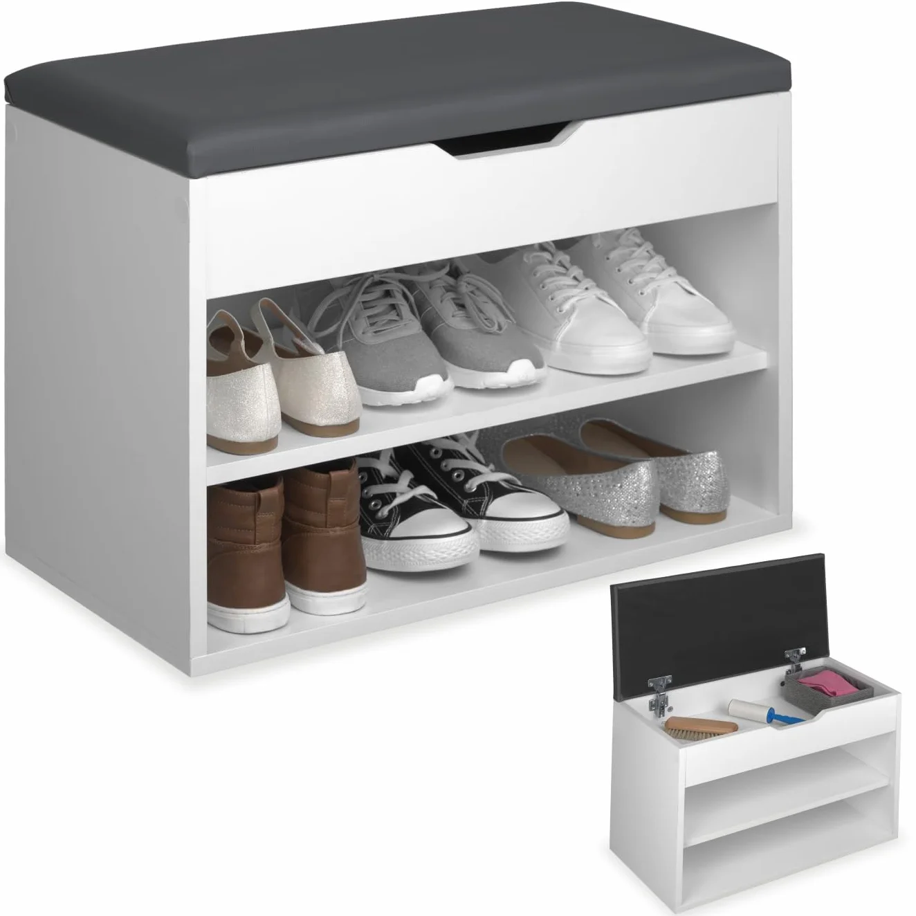 tectake® Scarpiera salvaspazio slim, Comoda Seduta Imbottita, Panca Portascarpe, Scarpiera ingresso con Ripiani Aperti, Facile da Montare, Mobile Porta Scarpe - 60 x 30 x 43,5 cm - Bianco