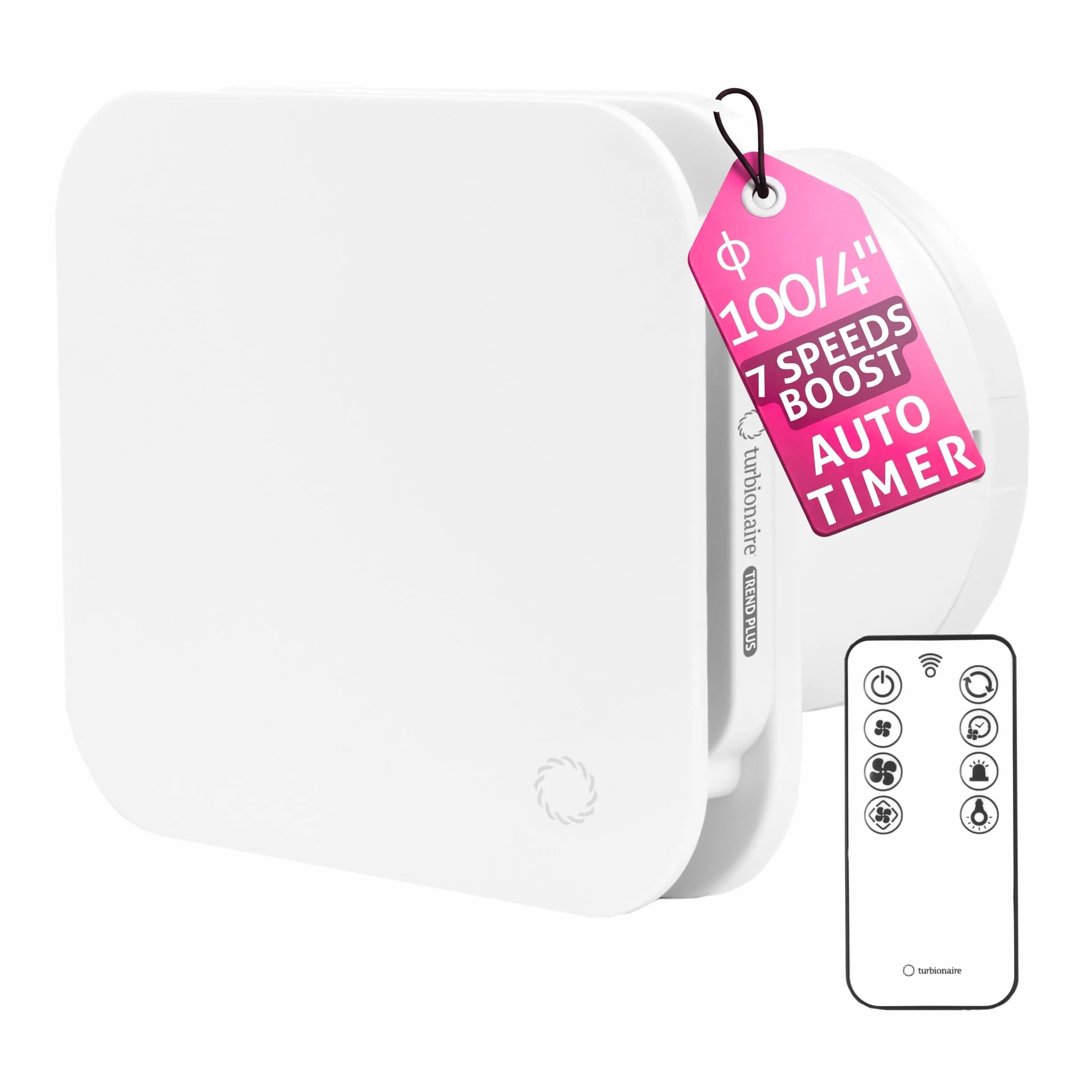 Turbionaire Trend Plus 100 WM Ventilatore, Estrattore per Bagno,100mm, Telecomando, Multifunzione, 22dB, Max. 5.7W, 7 Velocità + Boost, Valvola di Non Ritorno, Timer, Garanzia 3 Anni, Aspiratore