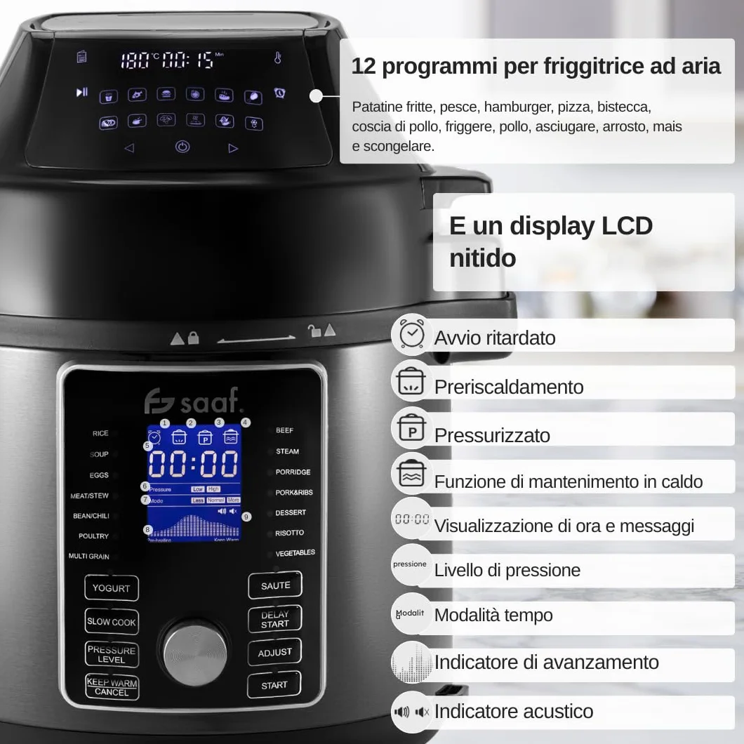 Saaf Multicooker con Airfryer – Set da 15 Pezzi – 24 Programmi – Slowcooker, Cuociriso, Vaporizzatore & Pentola a Pressione – 6L – Include Cestello, Pentola & Ricettario – Display Digitale