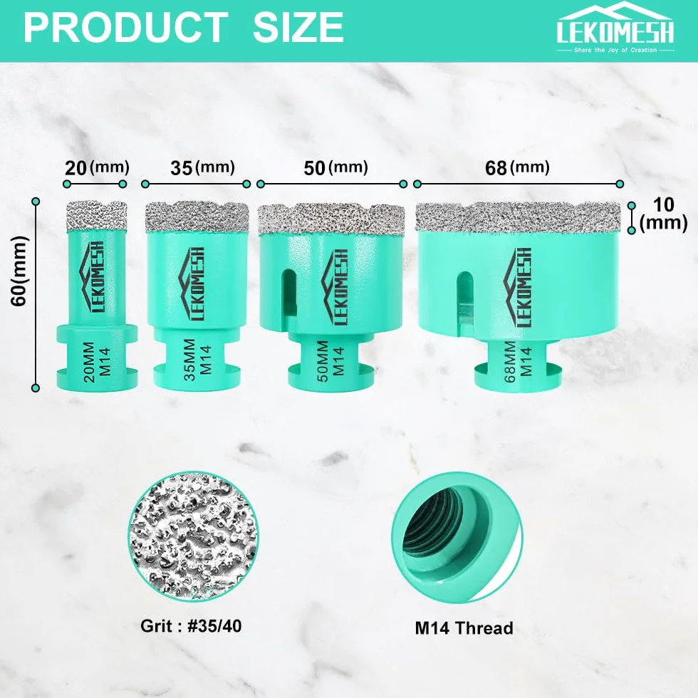 M14 Trapano per Piastrelle Corona Diamantata - 20/35/50/68mm Trapano Diamantato Corona Foro Perforante Per Porcellana, Ceramica, Piastrelle, Marmo, Granito, Pietra