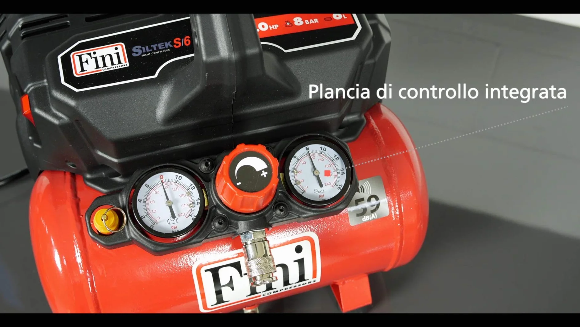 Fini Siltek S/6 Compressore Silenzioso 2 Manometri (59 Db), 6L, 1.0 Hp, 8 Bar, 750 W, 230 V, Rosso, ‎37 x 37 x 37.5 cm 16.54 Kg