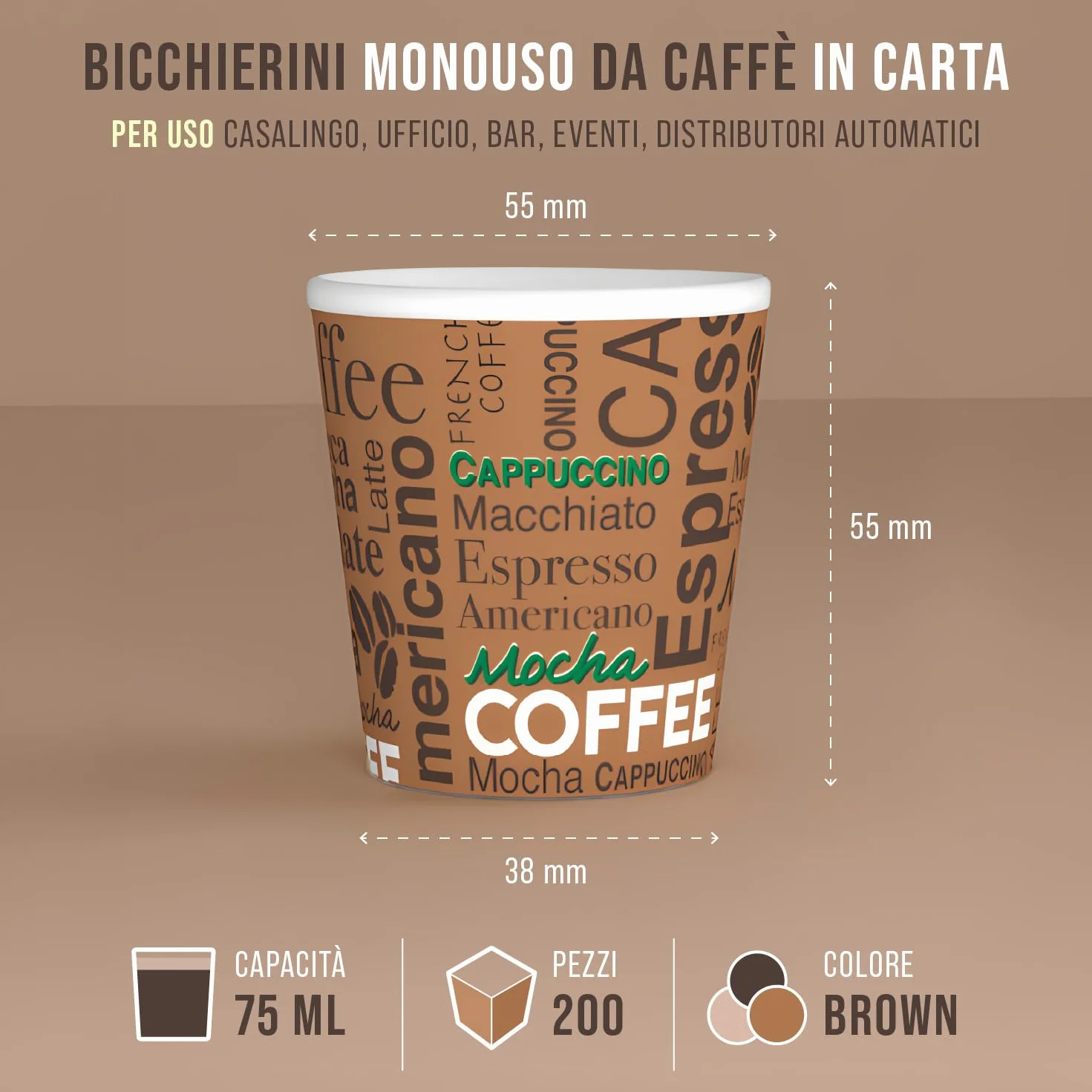 CARTOSPEDÌA 200 Bicchierini Caffè Carta 75 ml Bicchieri Caffe Monouso Biodegradabili Espresso Made in Italy Brown