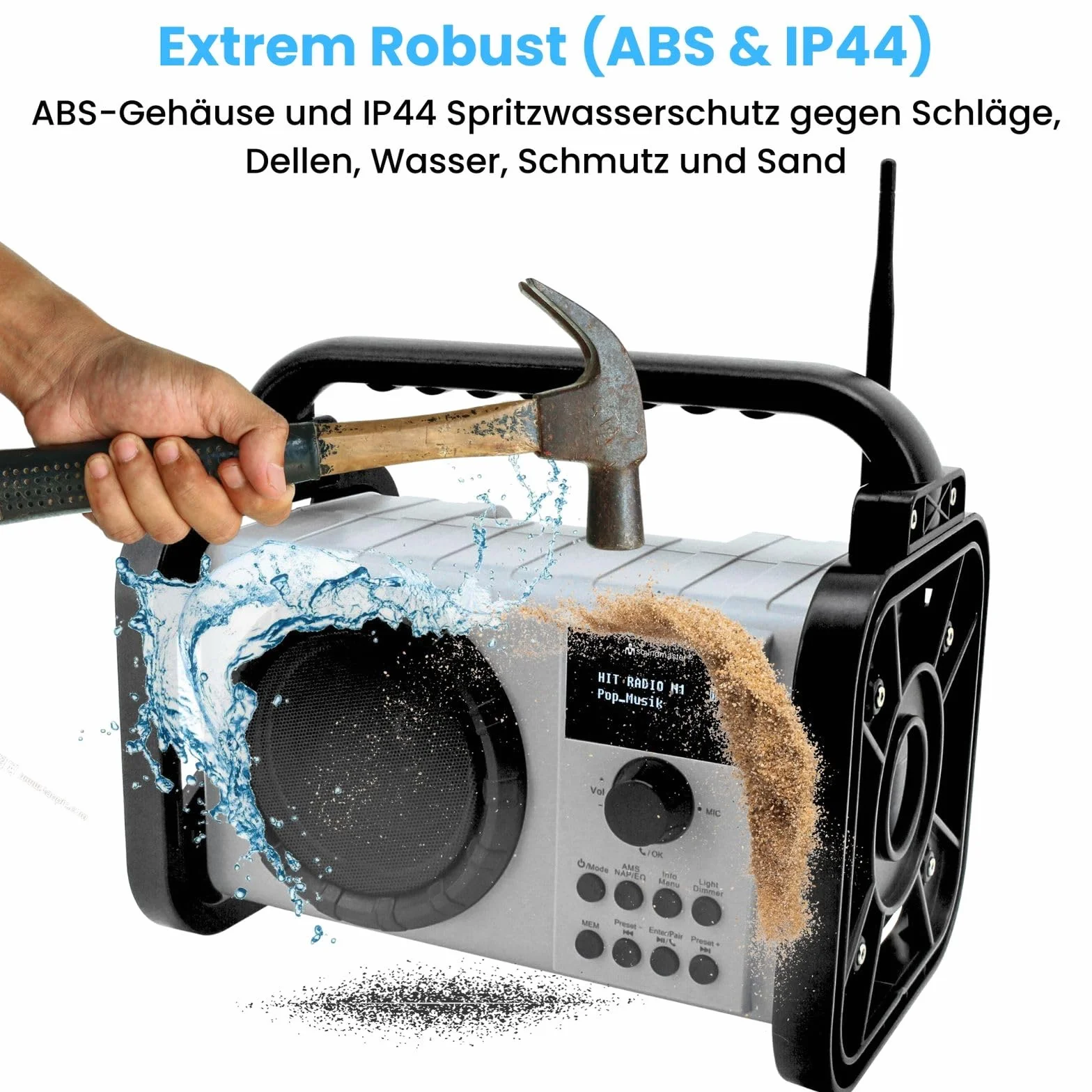 Soundmaster Radio DAB80SW da cantiere con DAB+ FM Bluetooth e batteria agli ioni di litio IP44, resistente alla polvere e agli spruzzi d'acqua, Nero