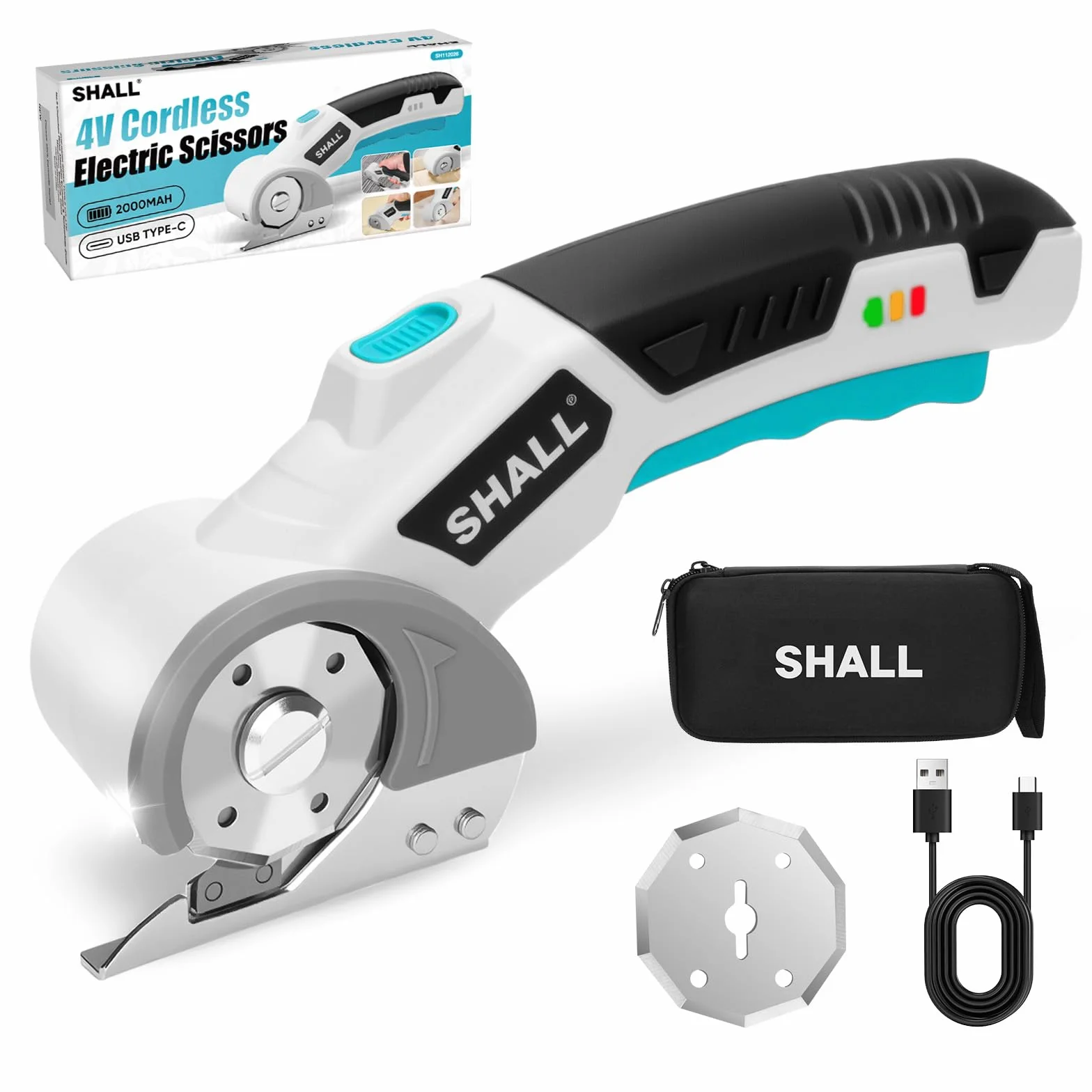 SHALL Forbici elettriche senza fili 4V con blocco di sicurezza, luce LED e lama di ricambio – Taglierina rotante ricaricabile per tessuto, pelle, moquette, cartone e plastica