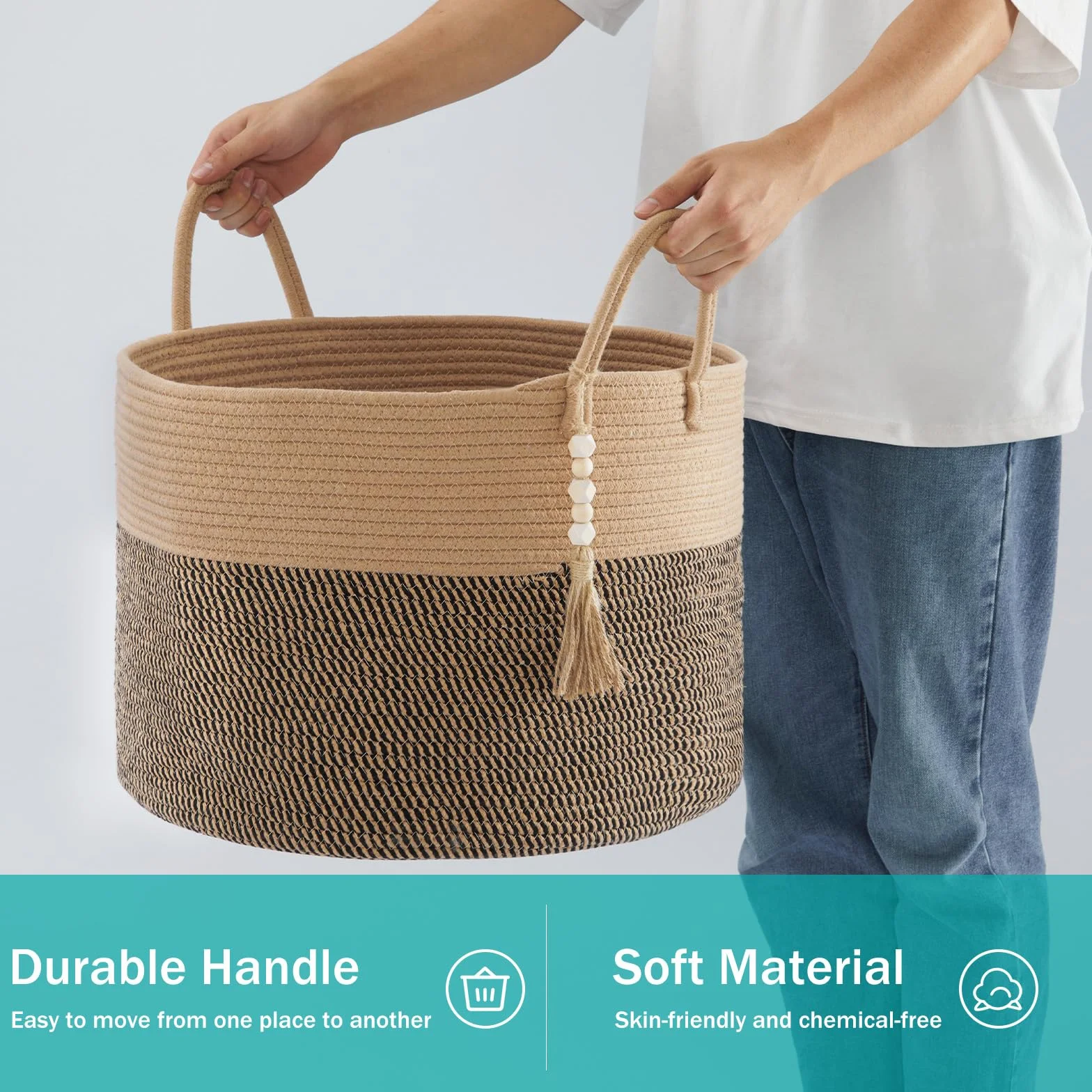 YOUDENOVA Cesto portabiancheria con perline decorative in legno, cestino portaoggetti per giocattoli per bambini, cestino per coperte in corda di cotone grande, cestino portaoggetti intrecciato