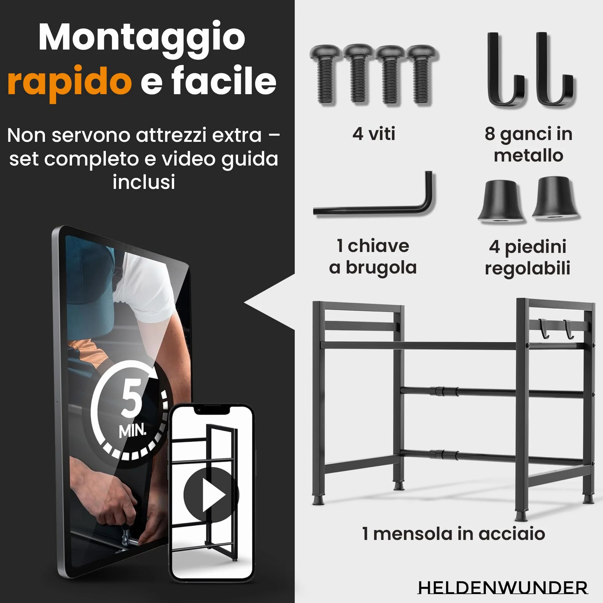 Heldenwunder Mensola MobileCucina Salvaspazio Acciaio (2 Ripiani) | Organizer Forno Mobiletto Scaffali | Supporto Microonde Regolabile + Video Guida, Ganci – Nero
