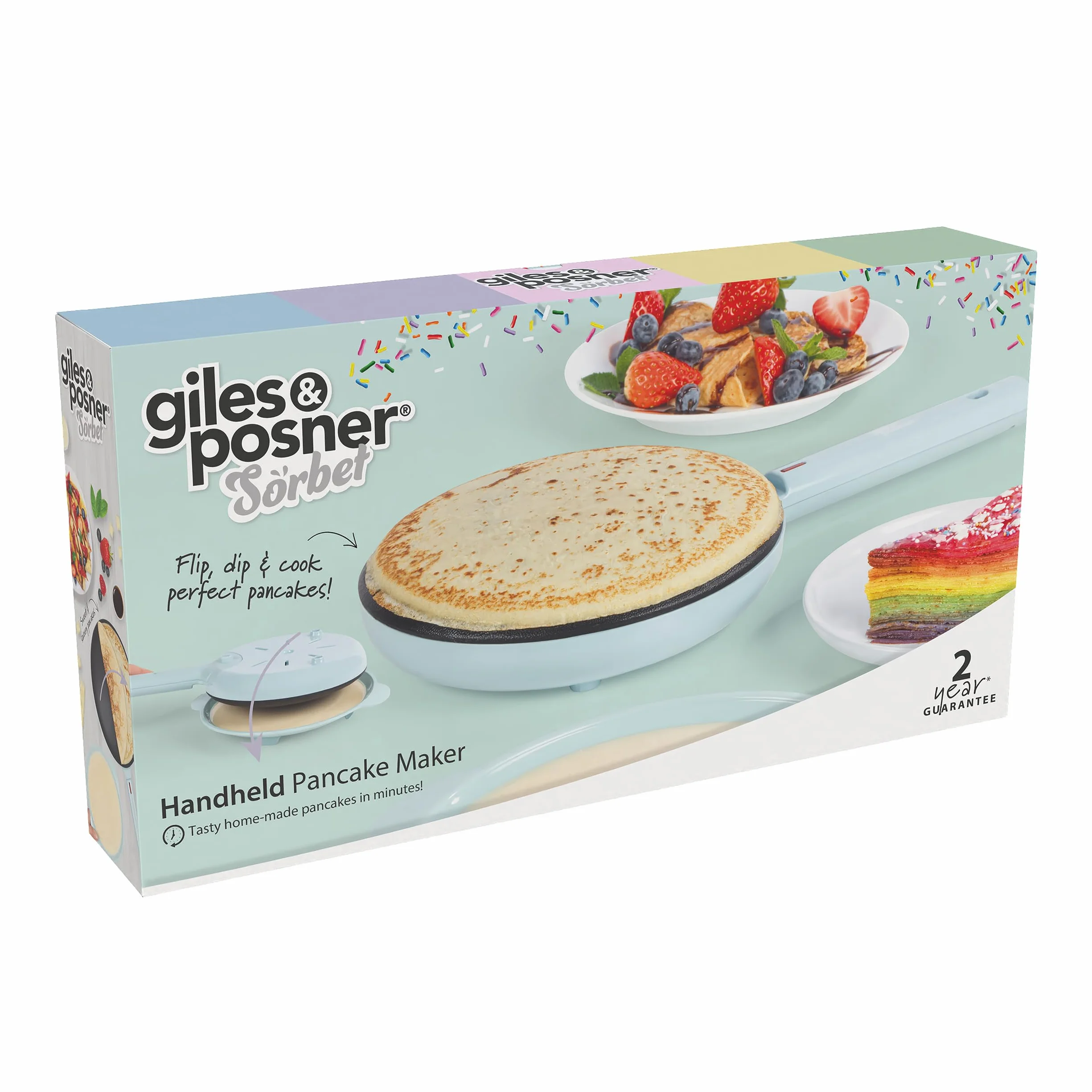 Giles & Posner Pancake Maker portatile – Piastra in alluminio da 20 cm, Rivestimento antiaderente senza PFAS, Spie di pronto uso, Crêpes istantanee, Con manico, Ciotola per pastella, 600W, Blu