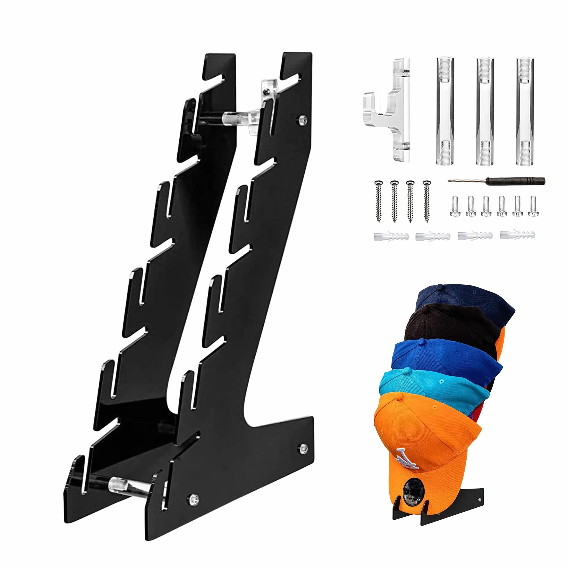 Portacappelli Parete Ganci Cappelli Porta - Organizzatore Scaffale Montaggio in Acrilico con Vite per da Baseball Cappello Cuffie Salotti Camere Letto Armadi Guardaroba, Nero