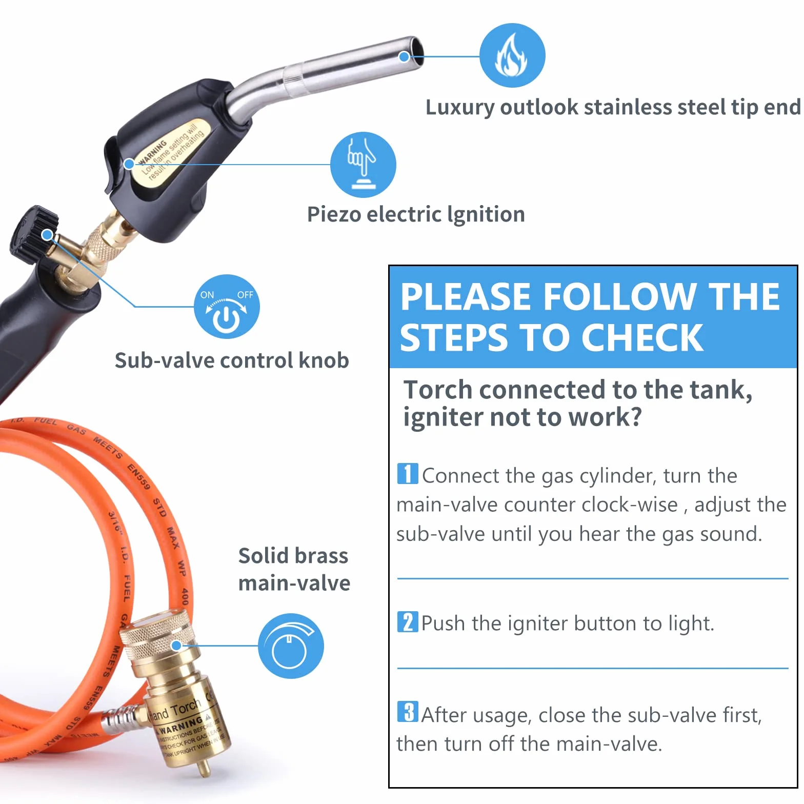 Testa della torcia a propano, torcia a gas Mapp con tubo da 3,6 piedi e regolazione del flusso, saldatura saldata, barbecue, torcia del carburante di Propane Mapp Map Pro Gas