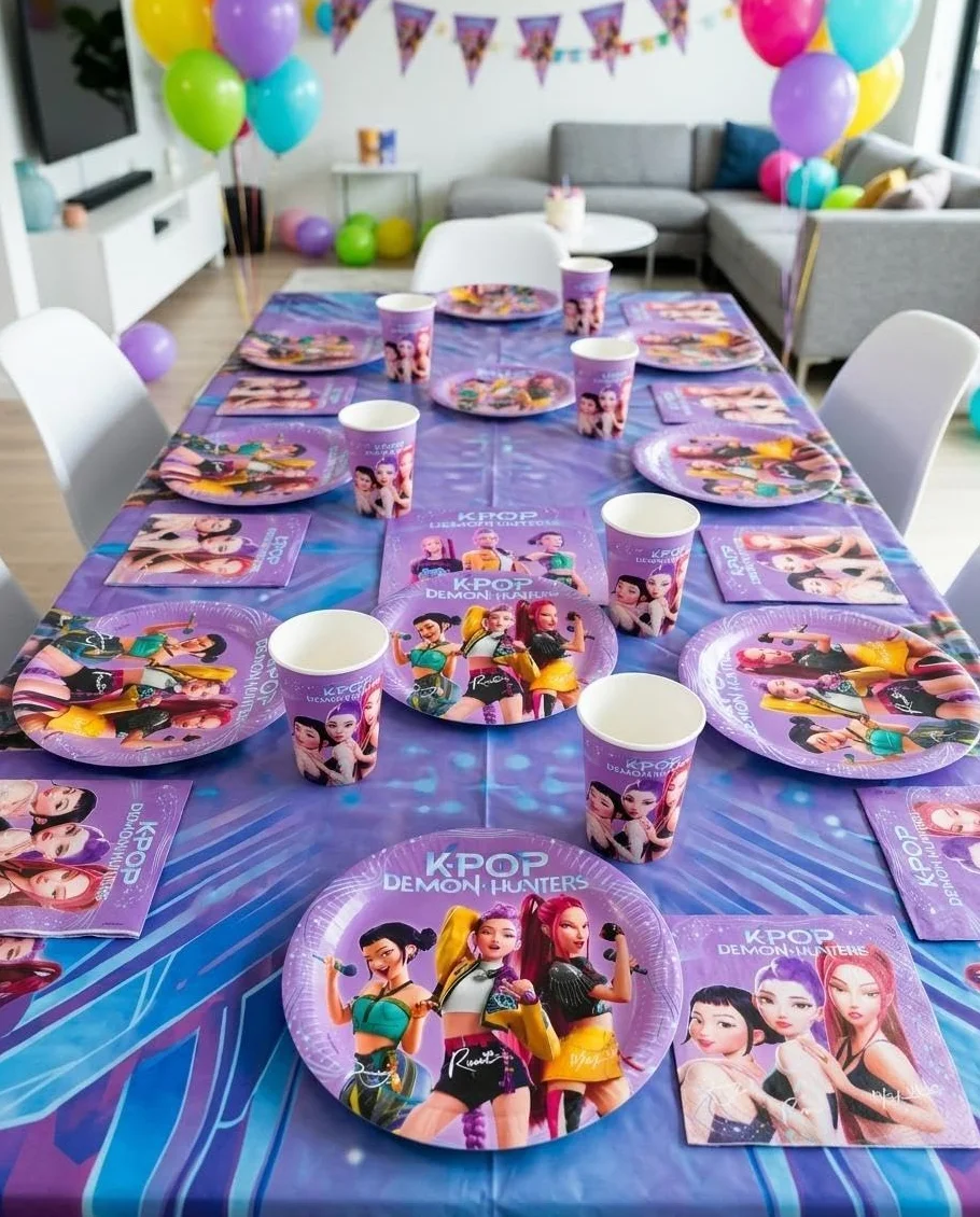 Kit Compleanno Tavola K-Pop Demon Hunters 16 persone (52 pezzi: 16 piatti 18cm, 16 bicchieri 200ml, 20 tovaglioli) in carta
