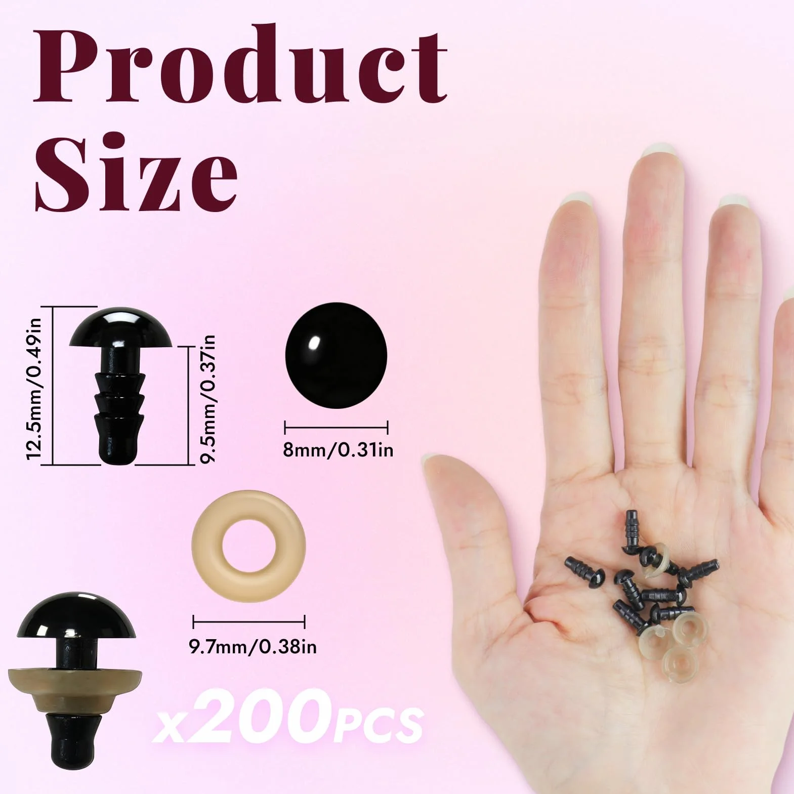200 pezzi occhi di sicurezza 8 mm con rondelle per amigurumi, pupazzi, bambole e progetti fai-da-te, occhi plastica neri, accessori uncinetto, cucito, feltro, bricolage e artigianato creativo