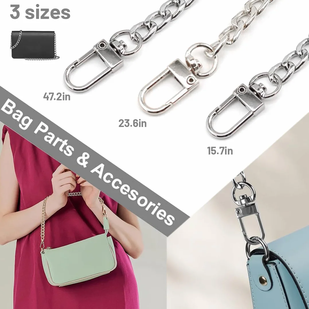 3 Pezzi Catena per Borsa a Tracolla Set, per Borsa in Metallo, Tracolla per Borse, Sostituzione Cinghia a Spalla, per Portafoglio con Fibbie - 40/60/120cm, Argenteo
