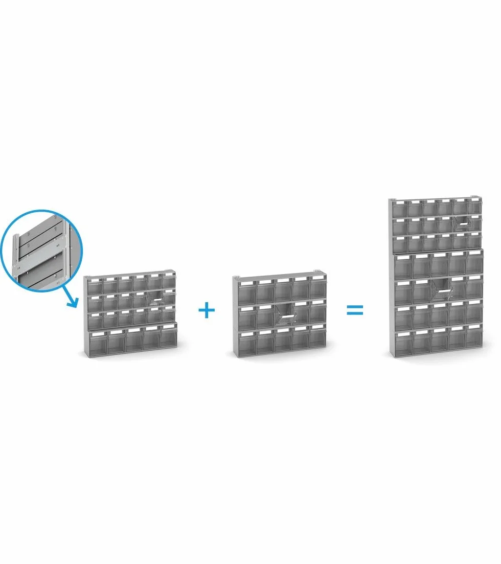 Fami - Pannello Porta Minuteria da Muro per Garage e Officina, 36 Cassetti Trasparenti Visual Box di Due Dimensioni, 5 Cassettiere Modulabili, Scaffale Porta Viti, Dimensioni: 60,2 x 11,4 x 50 cm