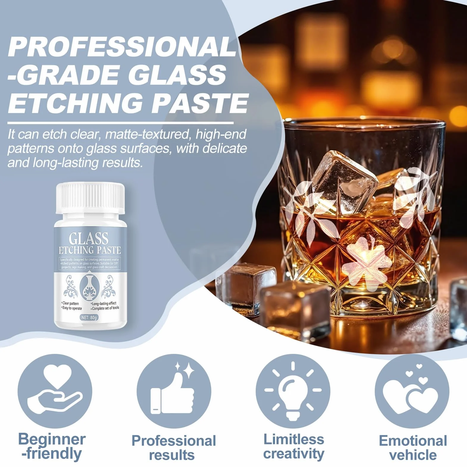 80g Pasta Caustica Per Vetro, Etch Pasta for Glass Etch Crema Acidante Acidificante Glass Etching Cream Forma Rapidamente Una Sensazione Opaca Adatto per Bicchieri da Vino, Paralumi, Cornici per Foto