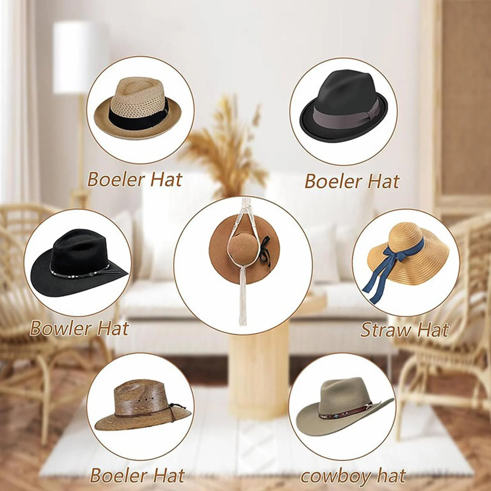 Macramè Supporto per Cappelli Bohémien da Parete a Tesa Larga