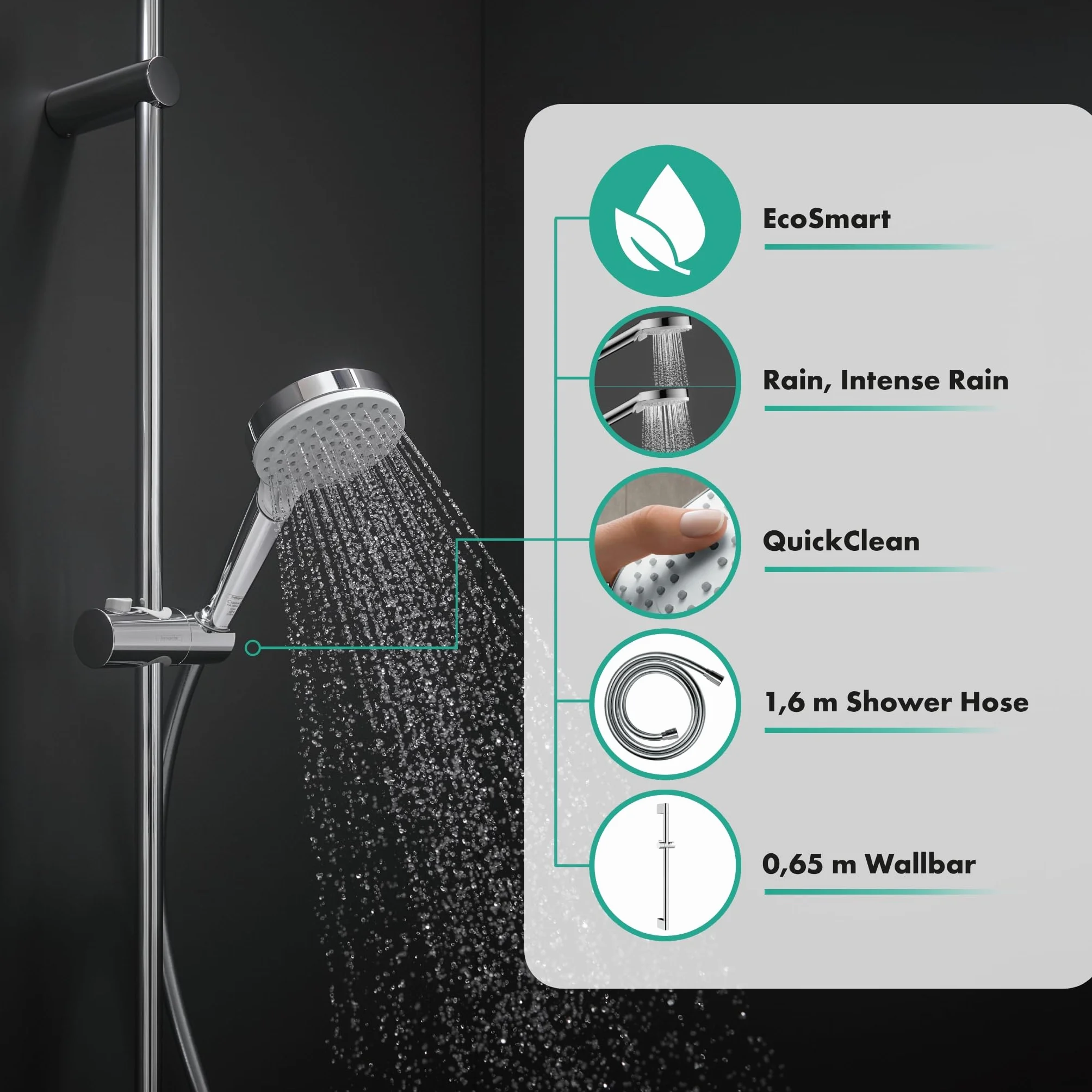 hansgrohe Crometta Set doccia Vario EcoSmart 9 l/min con asta doccia 65 cm, bianco/cromo, 26534400