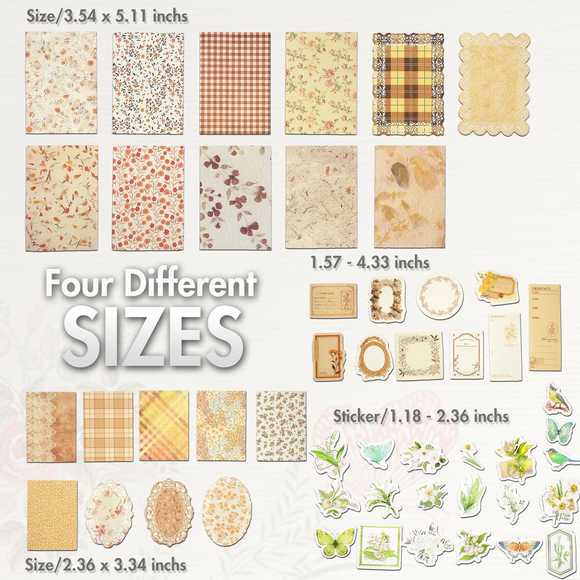 Kit Scrapbooking Vintage 400 Pezzi – Carta Scrapbooking e Adesivi Floreali per Album, Diario, Bullet Journal e Collage – Scrapbooking Accessori con Stickers Aesthetic, Fai da Te e Artigianato Creativo