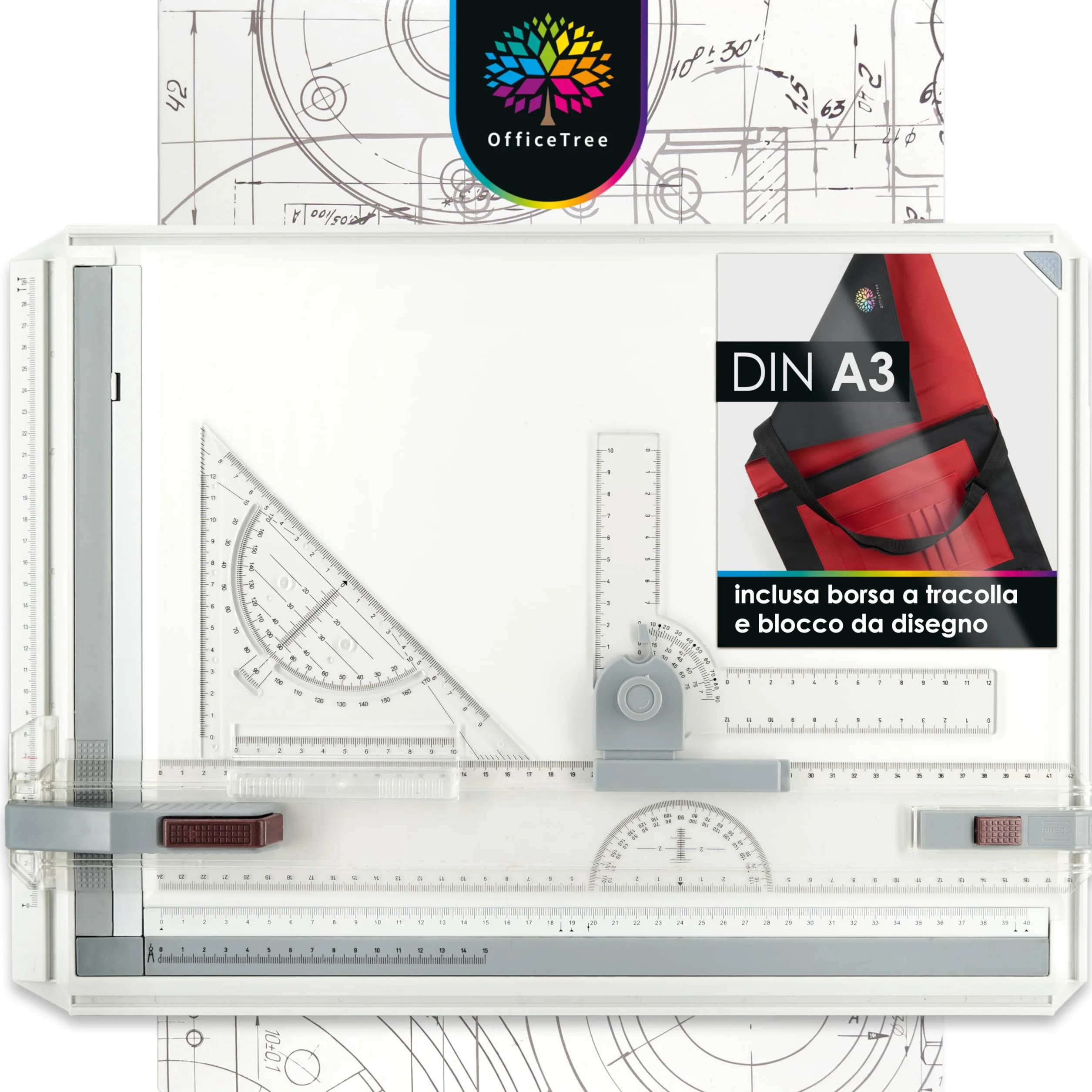 OfficeTree Tavola Disegno Tecnico - Geo Board 37 x 50 cm – 7 Pezzi per Un Lavoro preciso – Squadre da Disegno Tecnico Professionali - Borsa da Trasporto e numerosi Accessori - Lavagna da Disegno