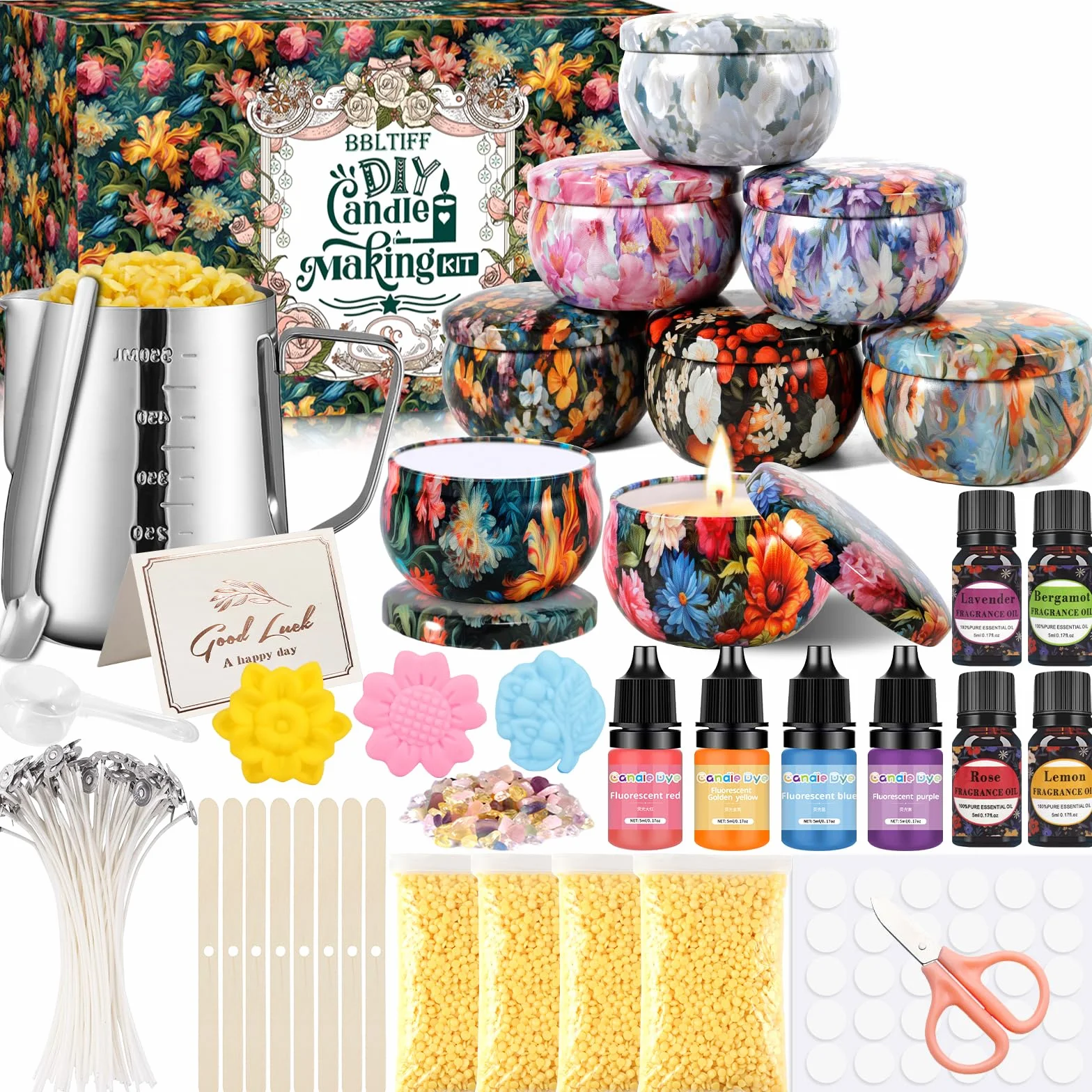 BBLTIFF Kit Candele Fai Da Te, Kit per Fabbricazione Candele, Kit per Candele con 480 g Di Cera d'api, 8 Vasetti di Candele, 4 Essenze Colorate e 4 Fragranze ect, per Principianti DIY Set Regalo