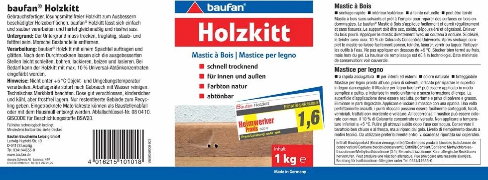 Baufan Stucco per legno 1kg | per interni ed esterni | colore naturale | tingibile | asciugatura rapida | senza solventi