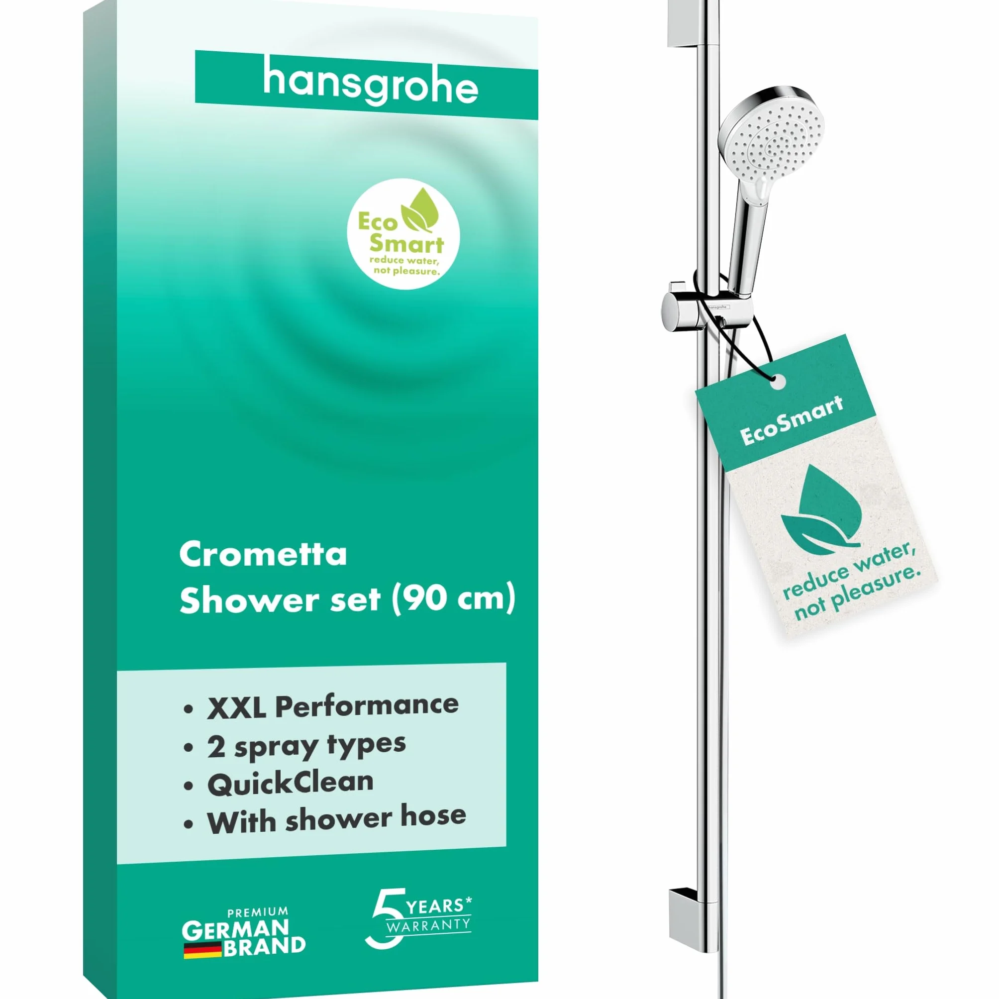 hansgrohe Crometta Set doccia Vario EcoSmart 9 l/min con asta doccia 90 cm, bianco/cromo, 26538400