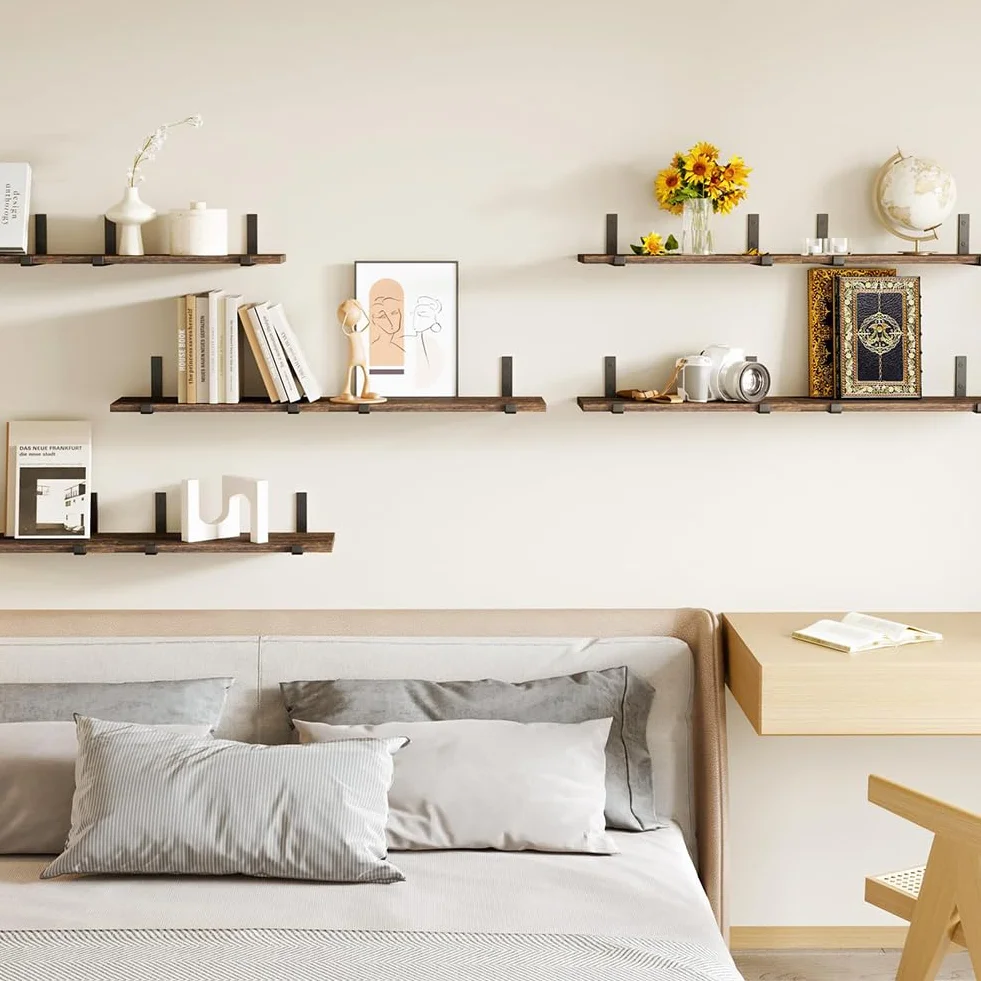 BAKAJI Set 10 Mensole galleggianti da Parete in Legno, Scaffali a Muro Multiuso con Staffe in Metallo, ideali per Camera da Letto, Soggiorno, Cucina, Bagno, Libreria, Salvaspazio, 40 x 15 cm (Rovere)